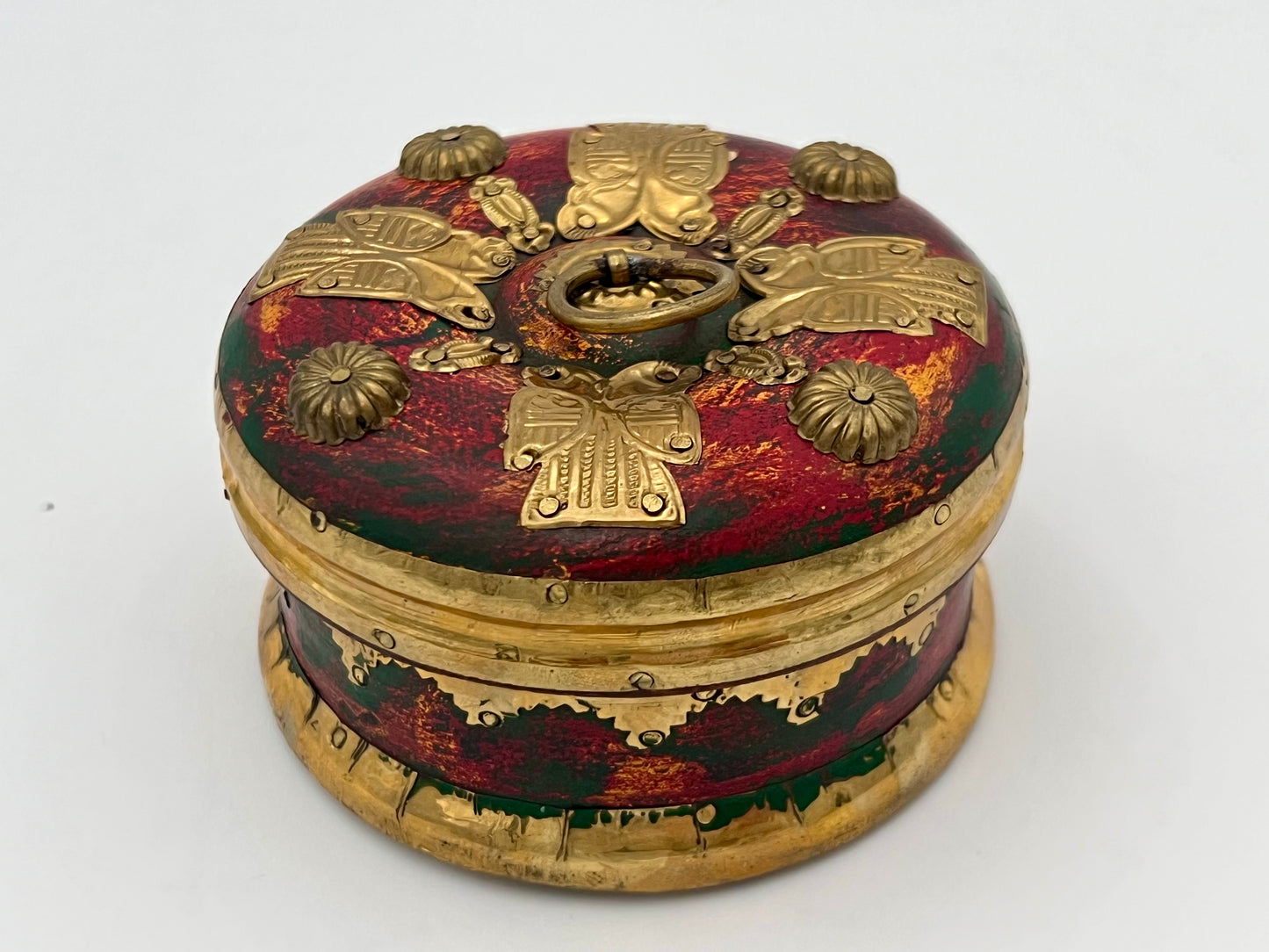 VINTAGE ORNATE BUTTERFLY GILDED WOOD RED AND GOLD TRINKET BOX