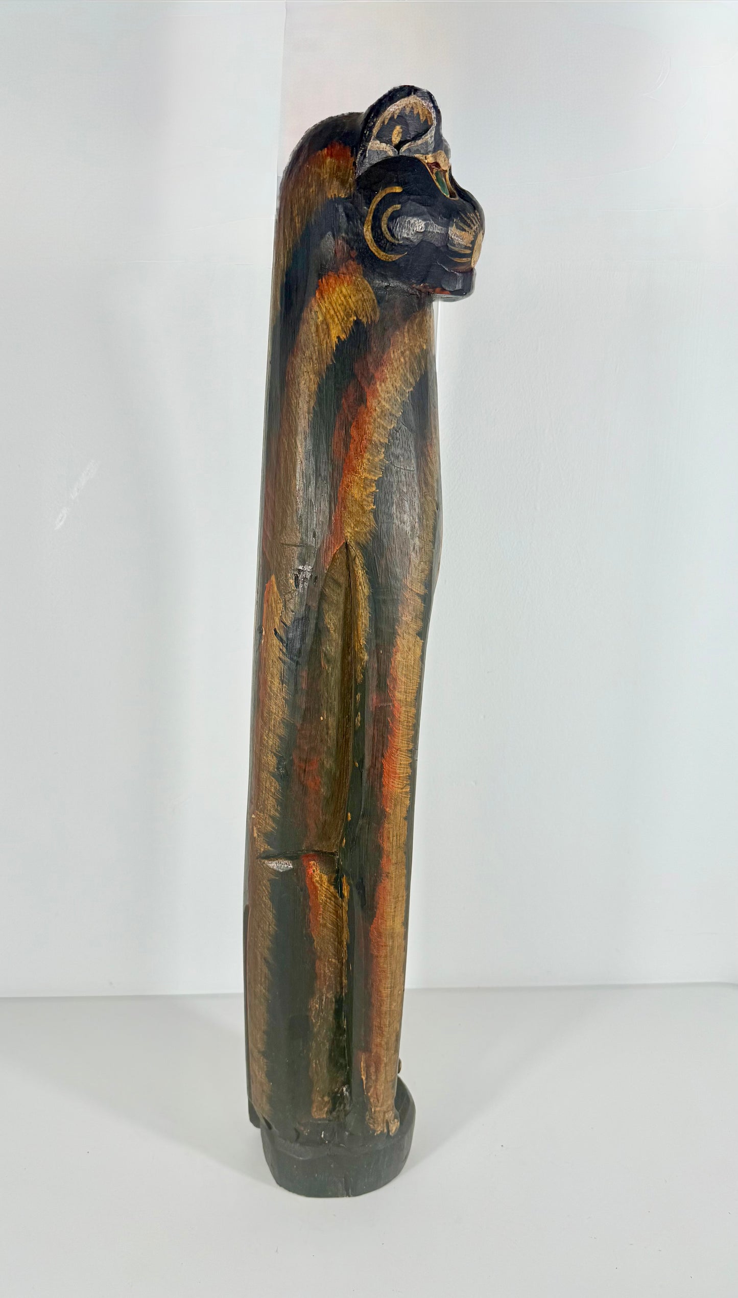 Vintage Tall Wood Hand Carved/Hand Painted Cat Statue/Totem