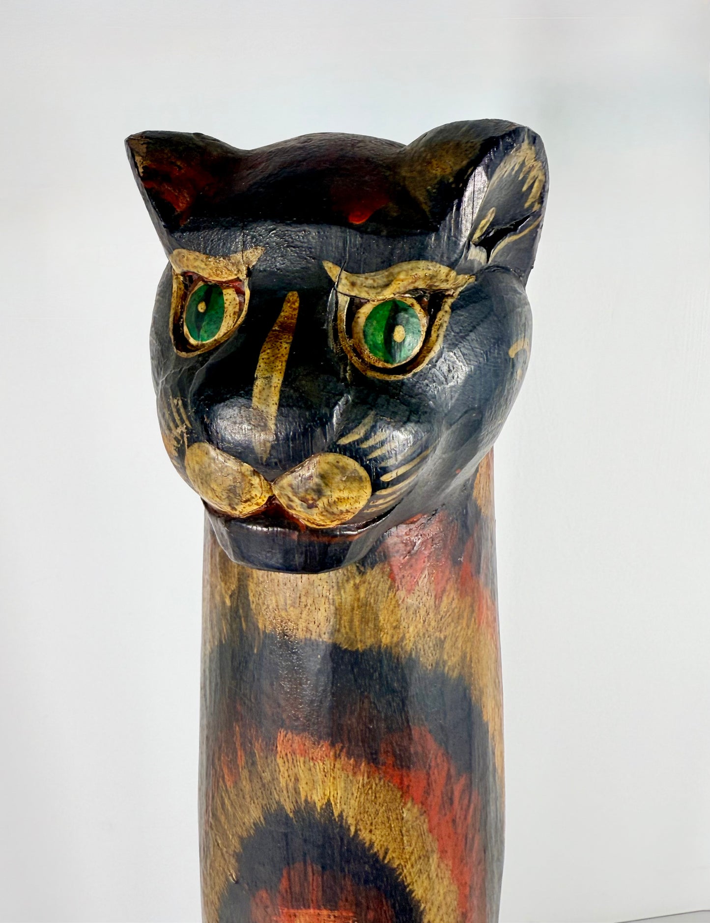 Vintage Tall Wood Hand Carved/Hand Painted Cat Statue/Totem