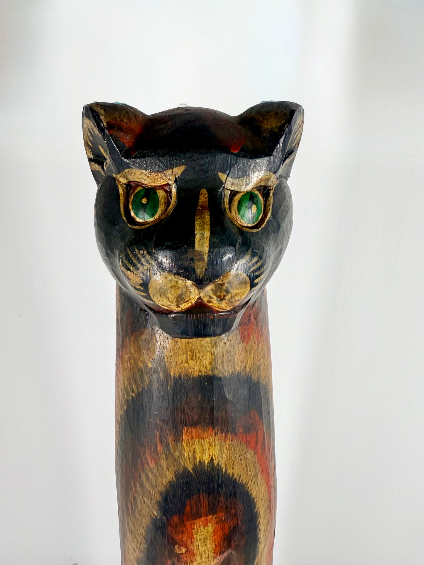 Vintage Tall Wood Hand Carved/Hand Painted Cat Statue/Totem