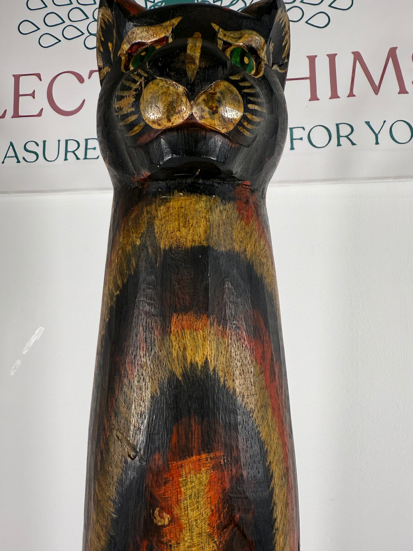 Vintage Tall Wood Hand Carved/Hand Painted Cat Statue/Totem