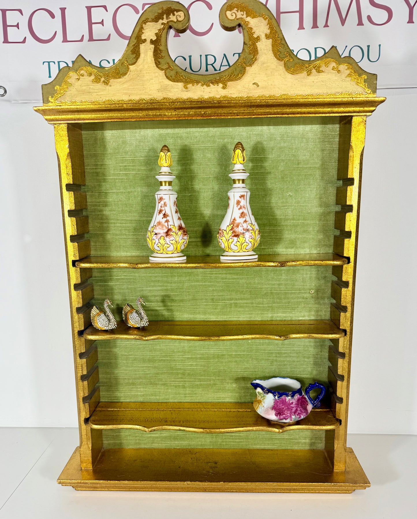 VINTAGE GOLD, GREEN, AND IVORY FLORENTINE WOOD HANGING SHELF