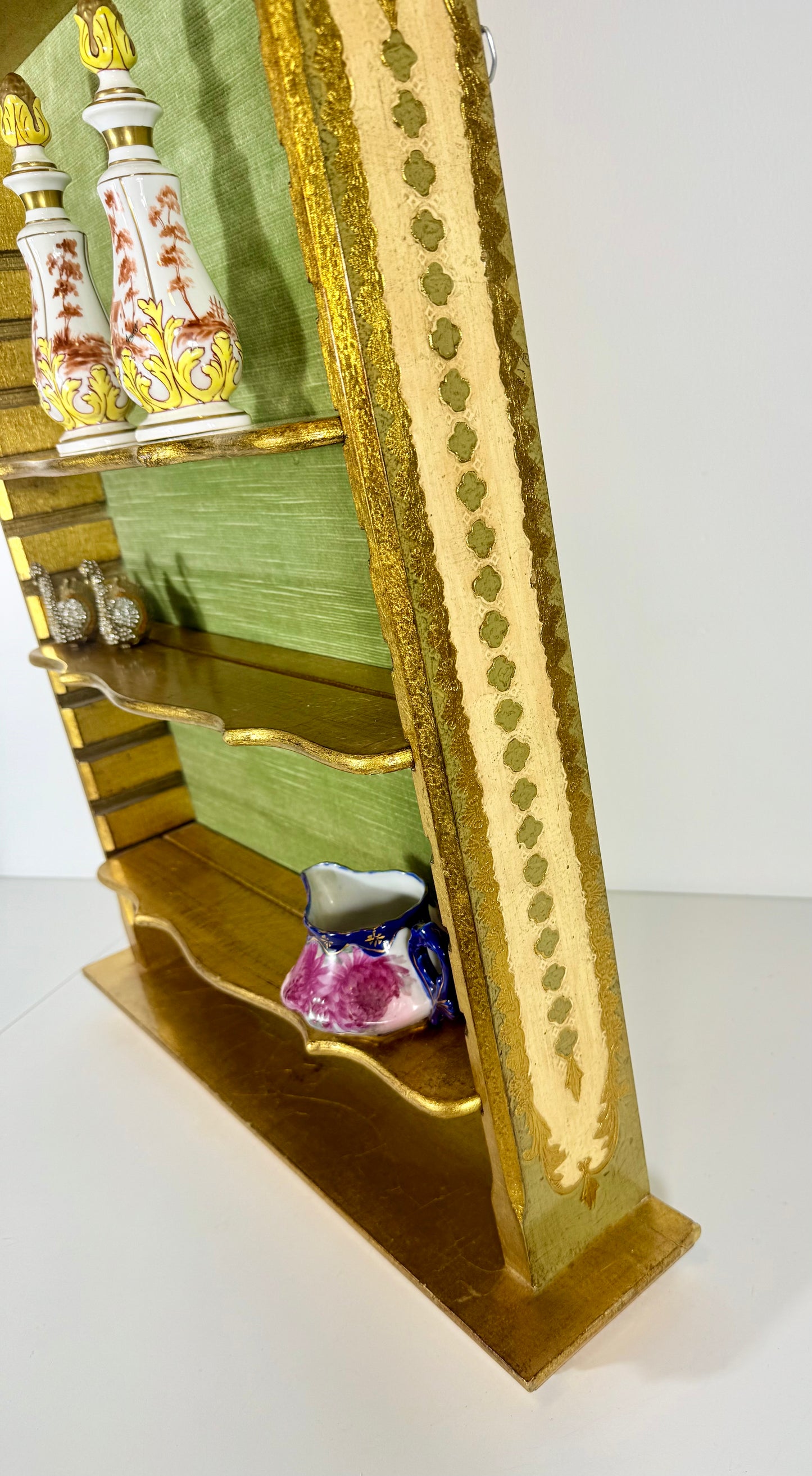 VINTAGE GOLD, GREEN, AND IVORY FLORENTINE WOOD HANGING SHELF