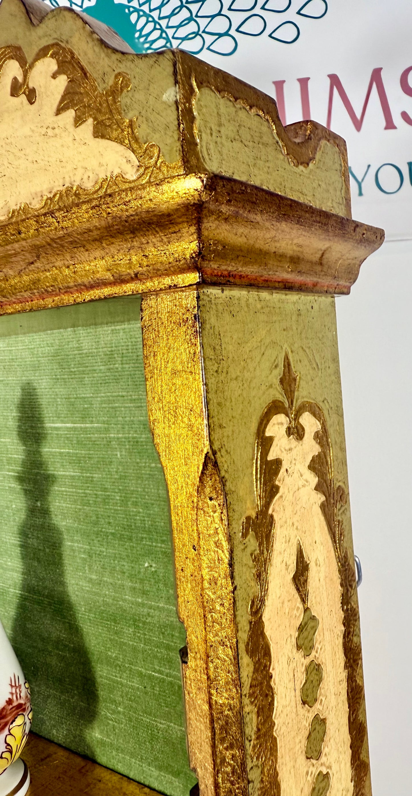 VINTAGE GOLD, GREEN, AND IVORY FLORENTINE WOOD HANGING SHELF