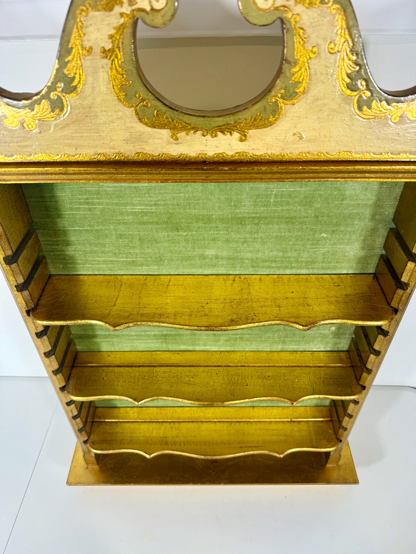 VINTAGE GOLD, GREEN, AND IVORY FLORENTINE WOOD HANGING SHELF