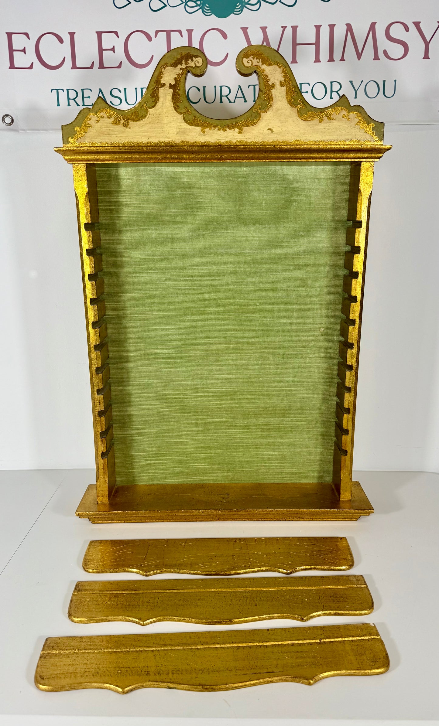 VINTAGE GOLD, GREEN, AND IVORY FLORENTINE WOOD HANGING SHELF