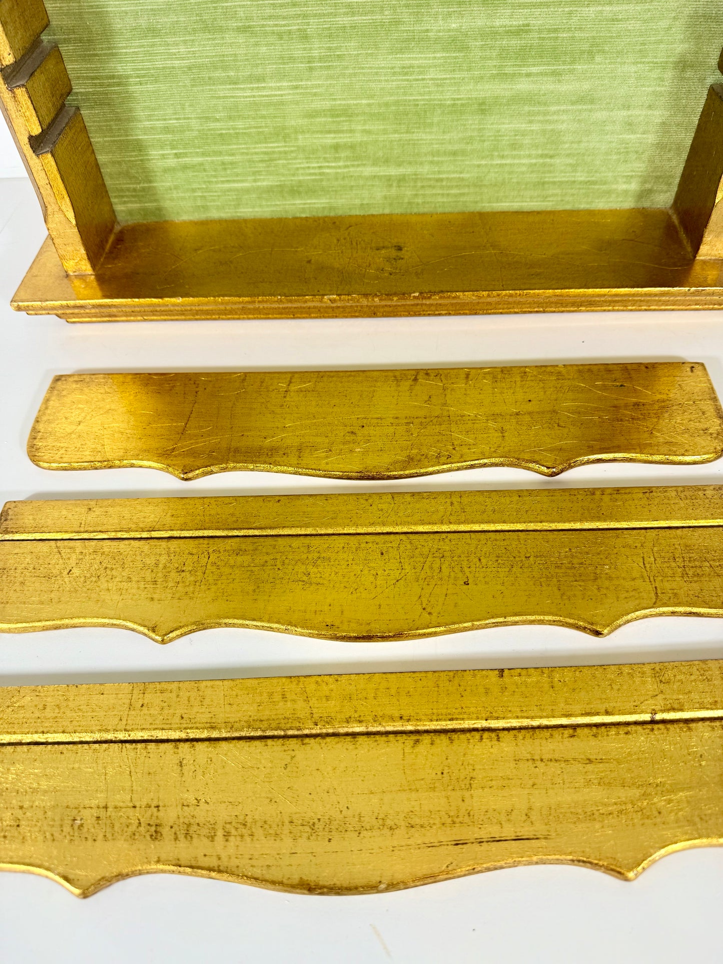 VINTAGE GOLD, GREEN, AND IVORY FLORENTINE WOOD HANGING SHELF