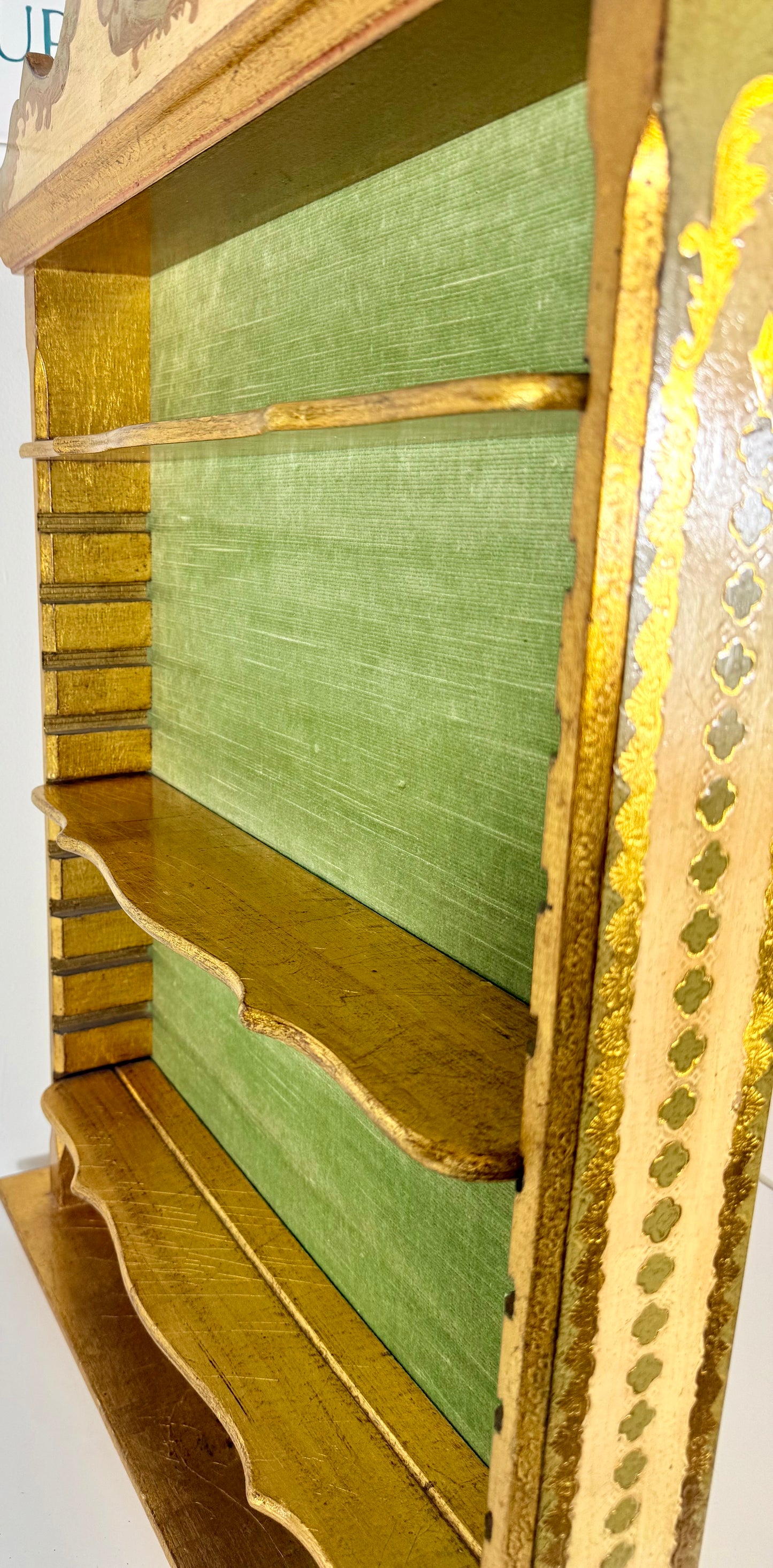 VINTAGE GOLD, GREEN, AND IVORY FLORENTINE WOOD HANGING SHELF