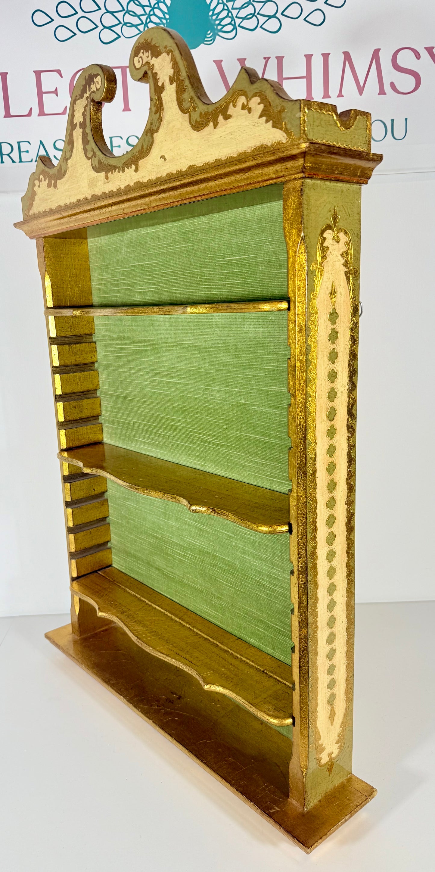 VINTAGE GOLD, GREEN, AND IVORY FLORENTINE WOOD HANGING SHELF
