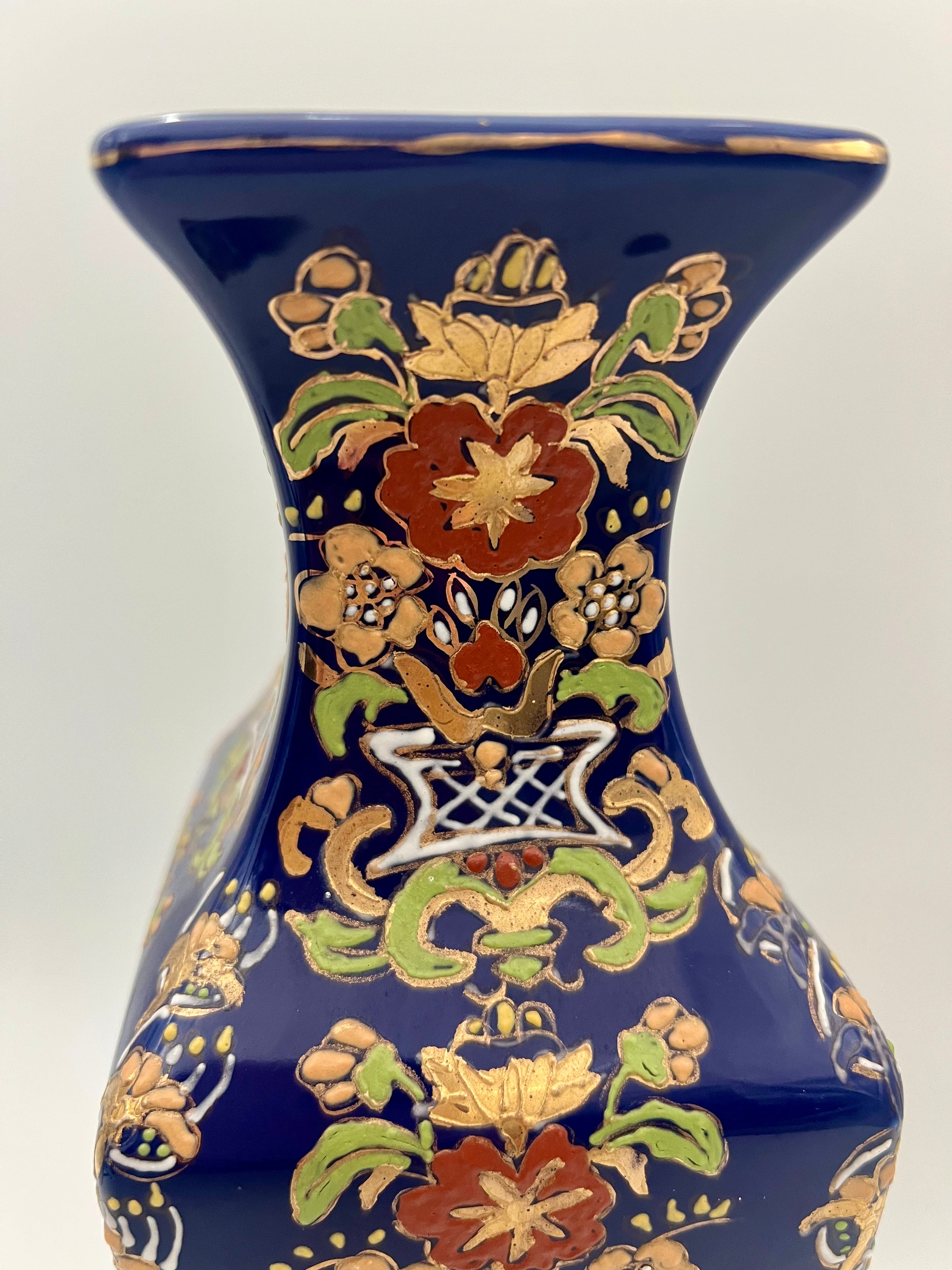 VINTAGE 1970S COBALT BLUE HAND PAINTED SQUARE VASE WITH RAISED GILT FLORAL MOTIF | TALL HOLLYWOOD REGENCY DECOR