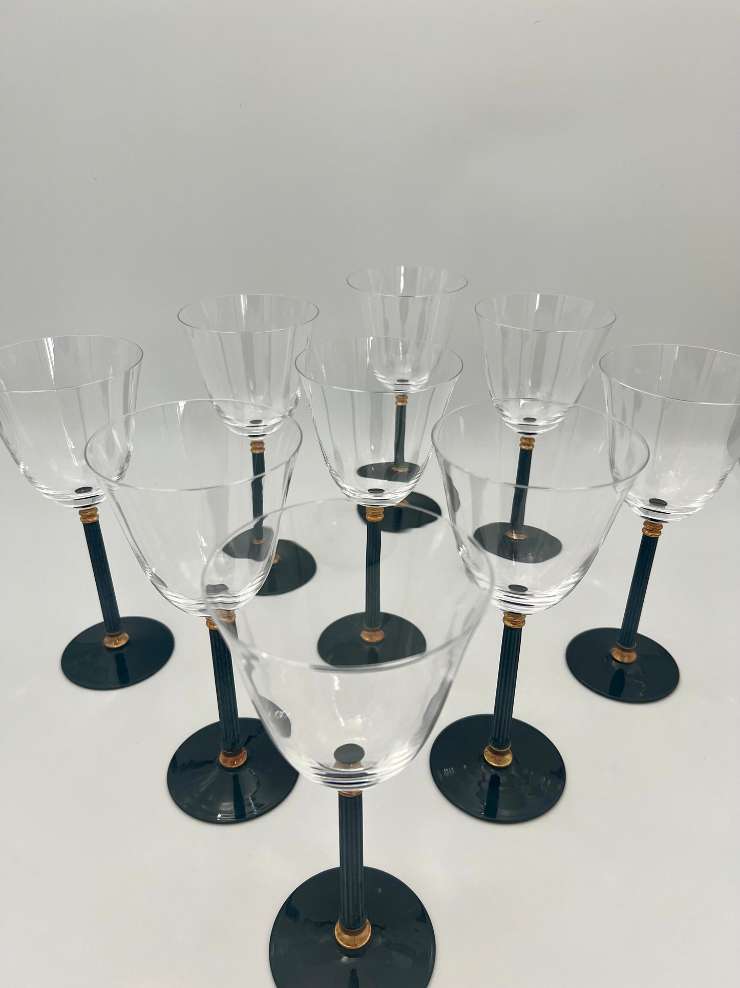 VINTAGE set of 8 1990s SASAKI TUCANO BLACK STEM WITH GOLD ACCENT WATER/WINE GOBLET