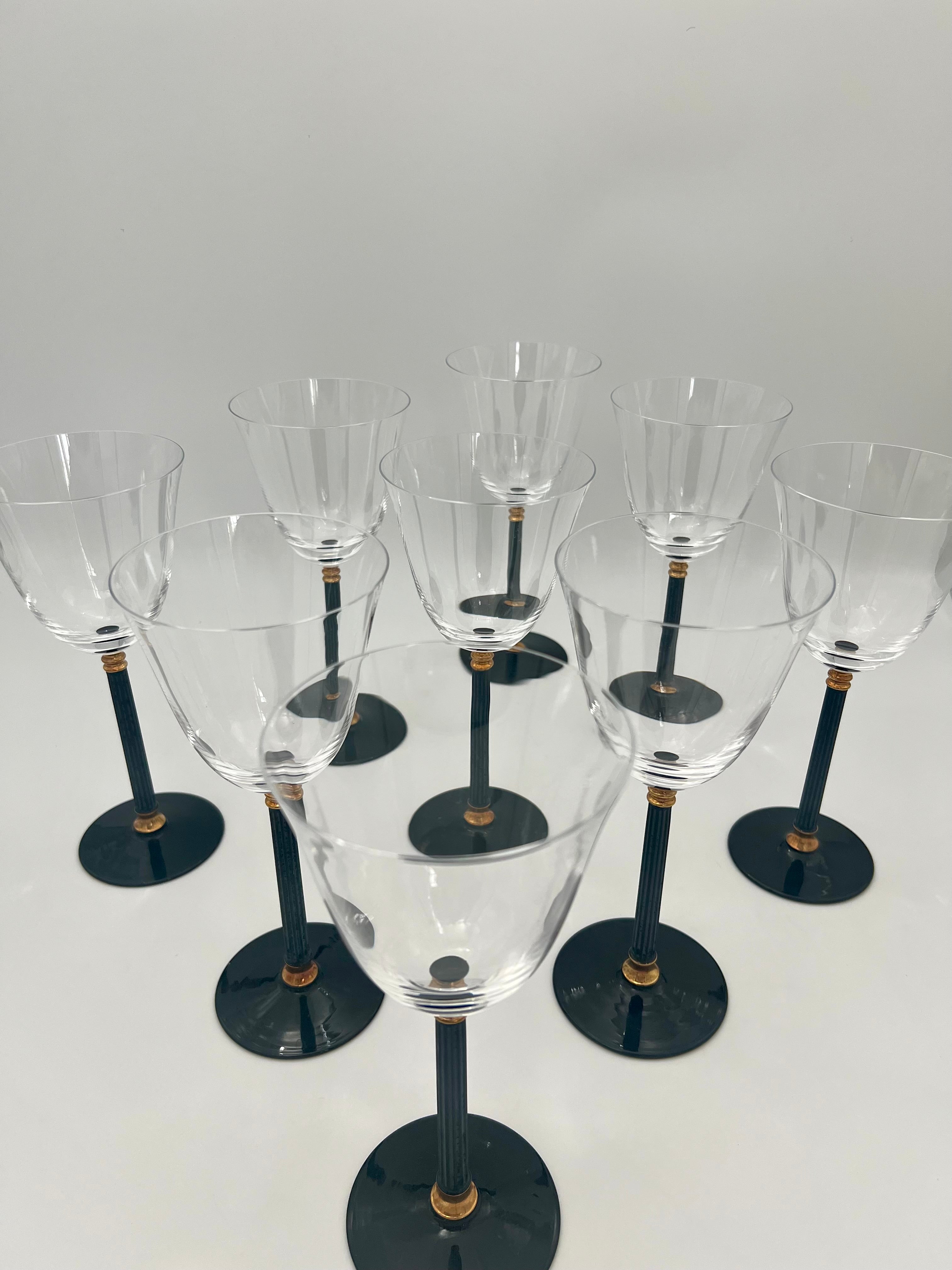 SASAKI TUCANO BLACK STEM GOBLETS – SET OF 8 | MODERNIST JAPANESE WINE GLASSES | BLACK + GOLD STEMWARE | 8.5” TALL