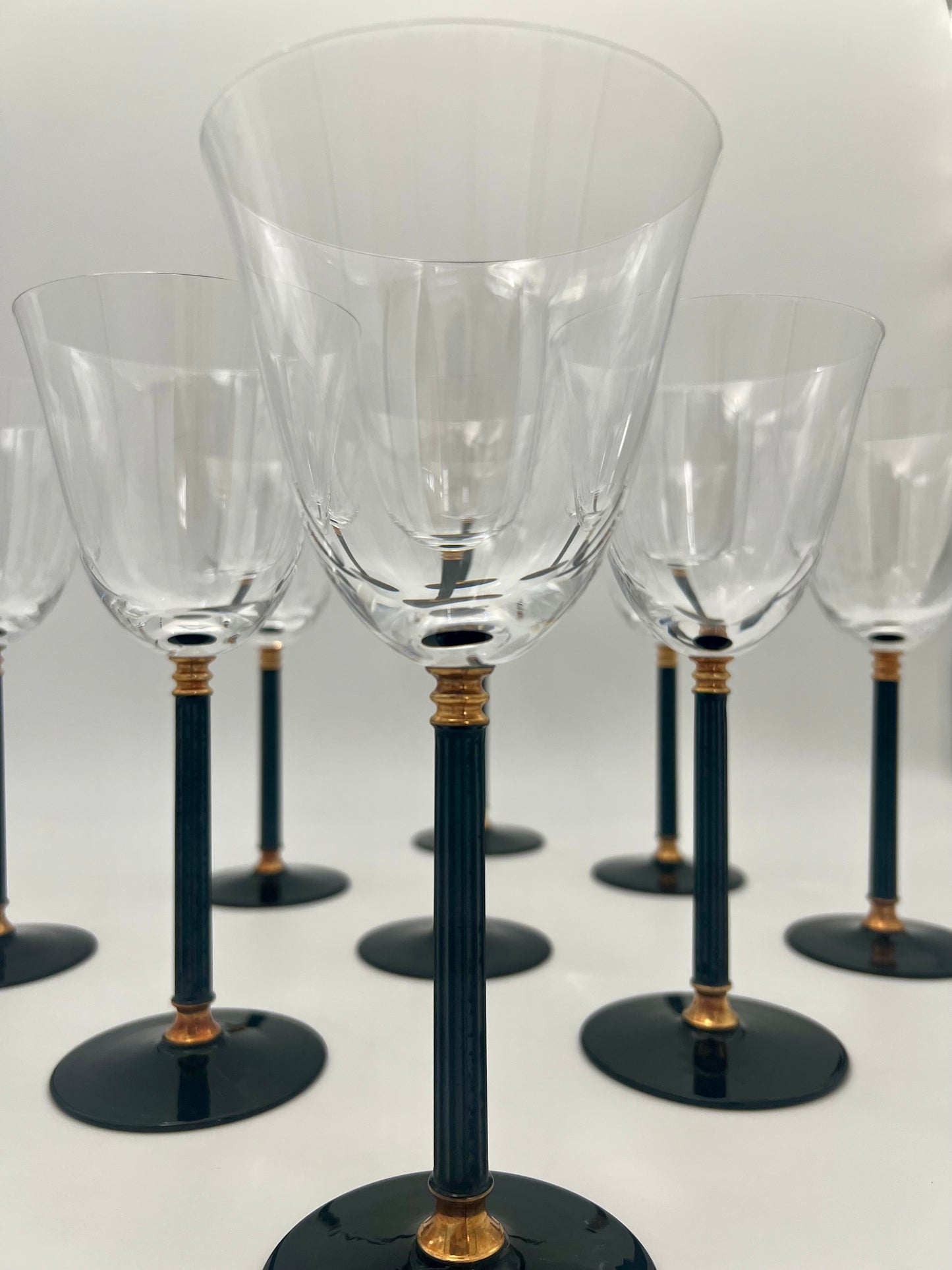 VINTAGE set of 8 1990s SASAKI TUCANO BLACK STEM WITH GOLD ACCENT WATER/WINE GOBLET