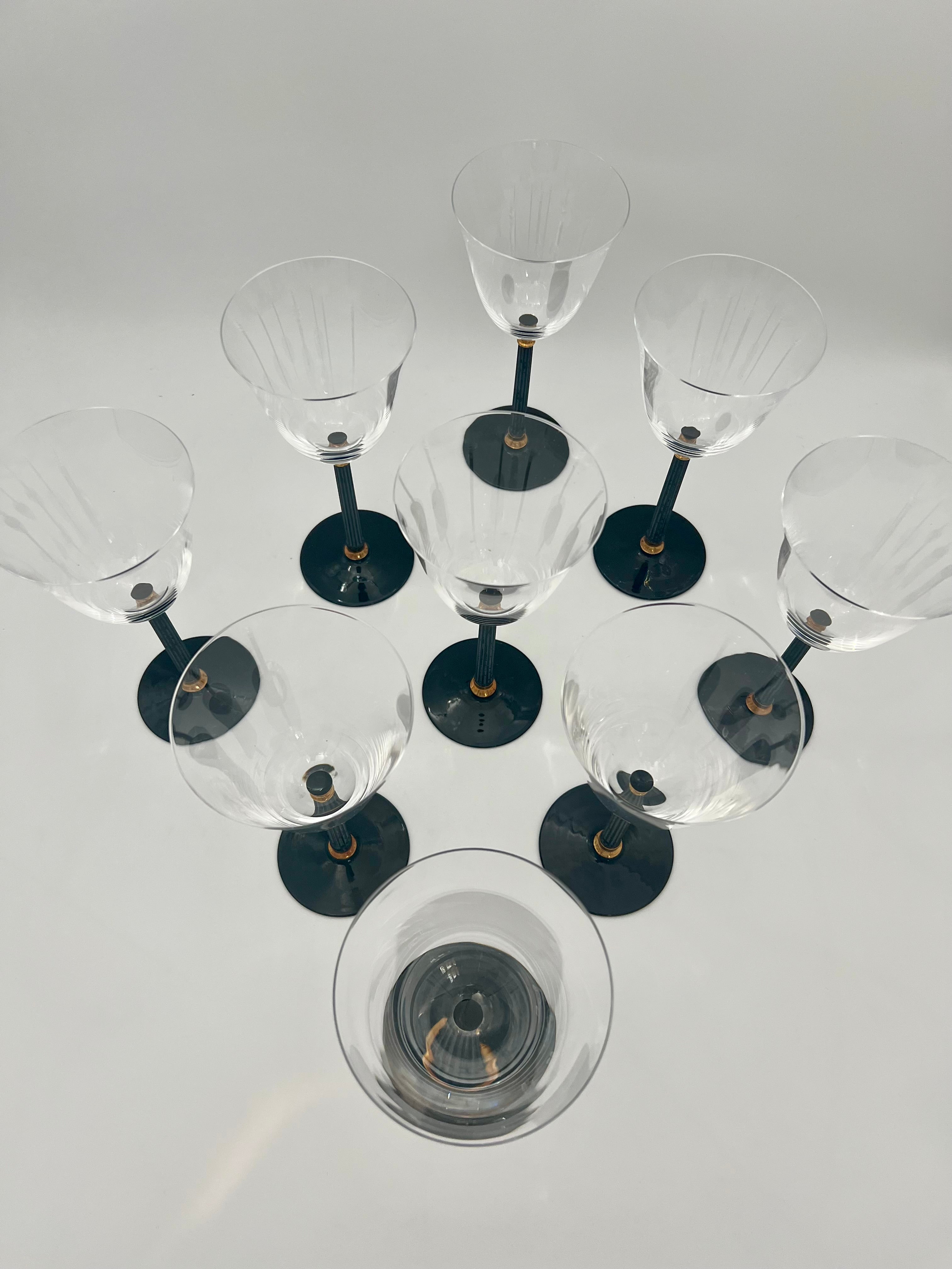 SASAKI TUCANO BLACK STEM GOBLETS – SET OF 8 | MODERNIST JAPANESE WINE GLASSES | BLACK + GOLD STEMWARE | 8.5” TALL