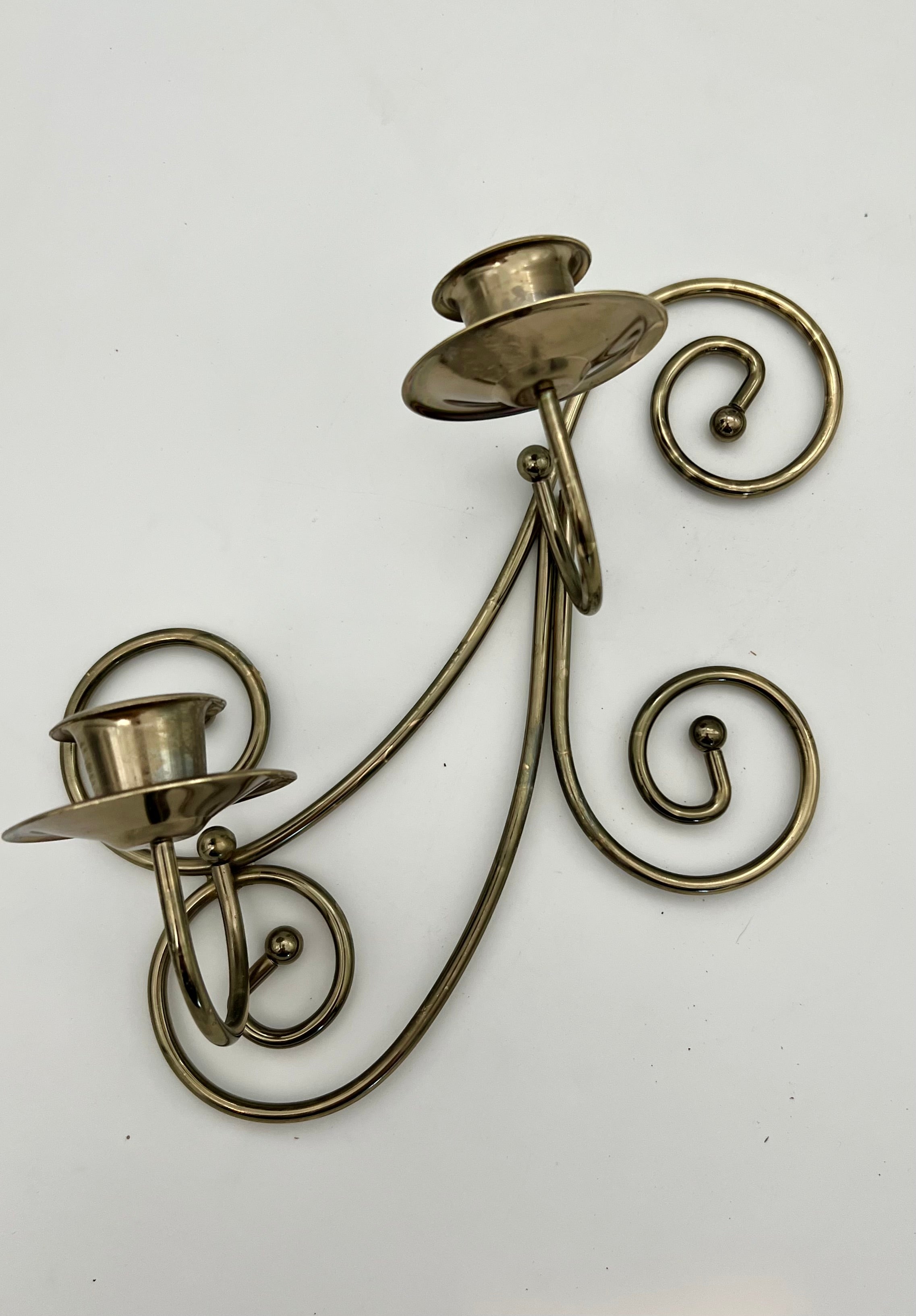 VINTAGE BRASS DOUBLE CANDLE WALL HOLDERS – SCROLL DESIGN – HOLLYWOOD REGENCY PAIR