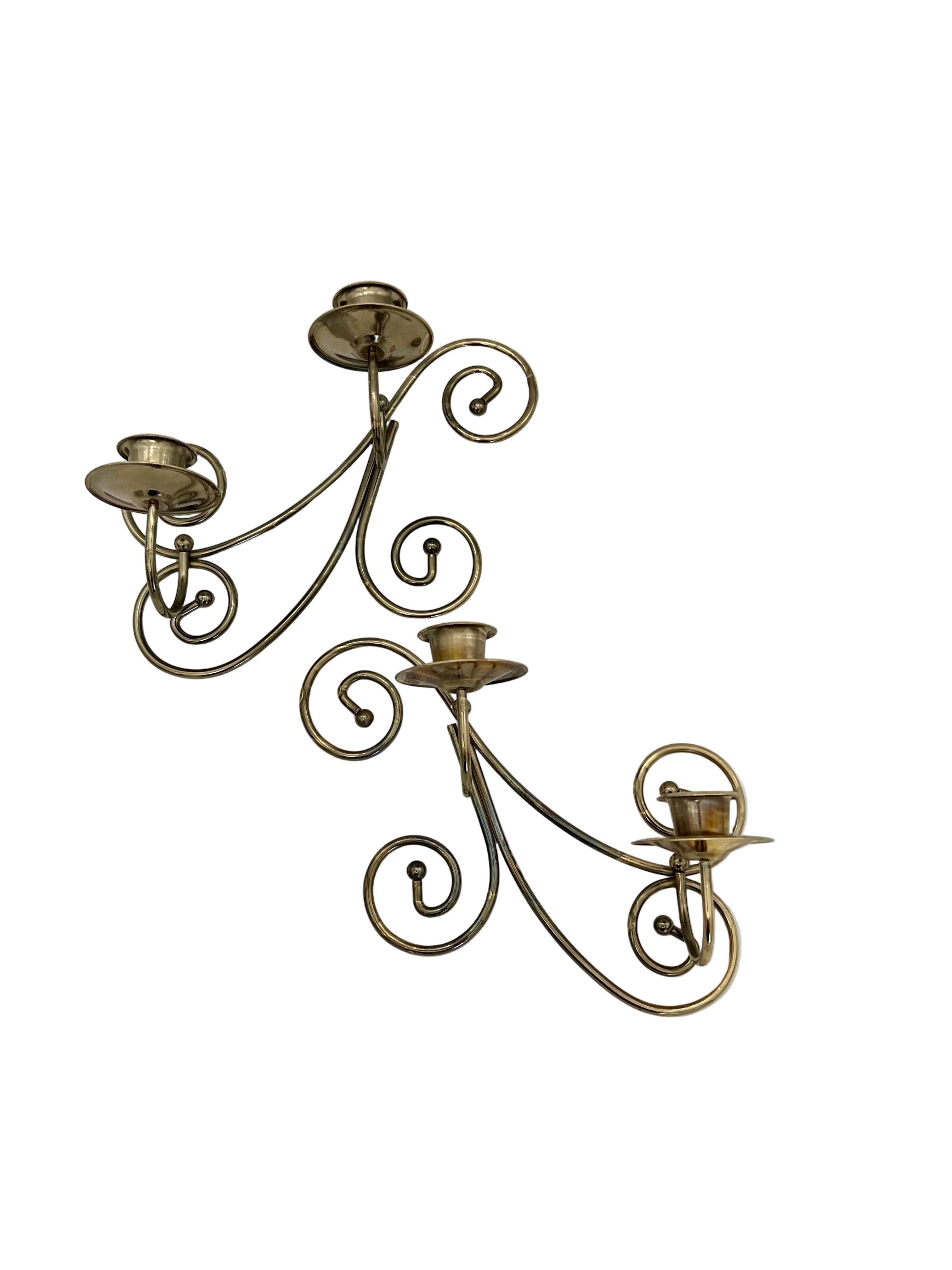 VINTAGE BRASS DOUBLE CANDLE WALL HOLDERS – SCROLL DESIGN – HOLLYWOOD REGENCY PAIR