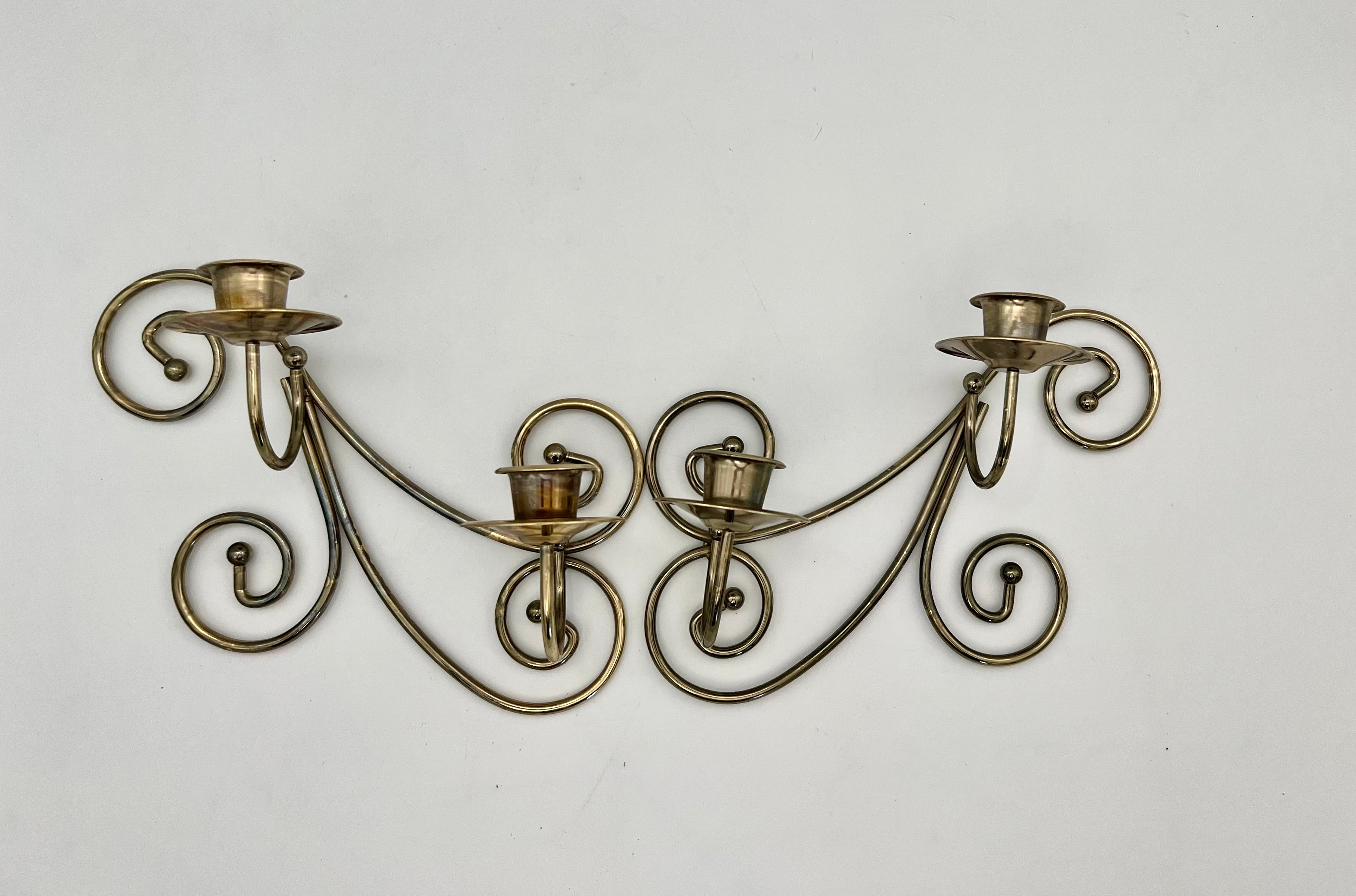 VINTAGE BRASS DOUBLE CANDLE WALL HOLDERS – SCROLL DESIGN – HOLLYWOOD REGENCY PAIR