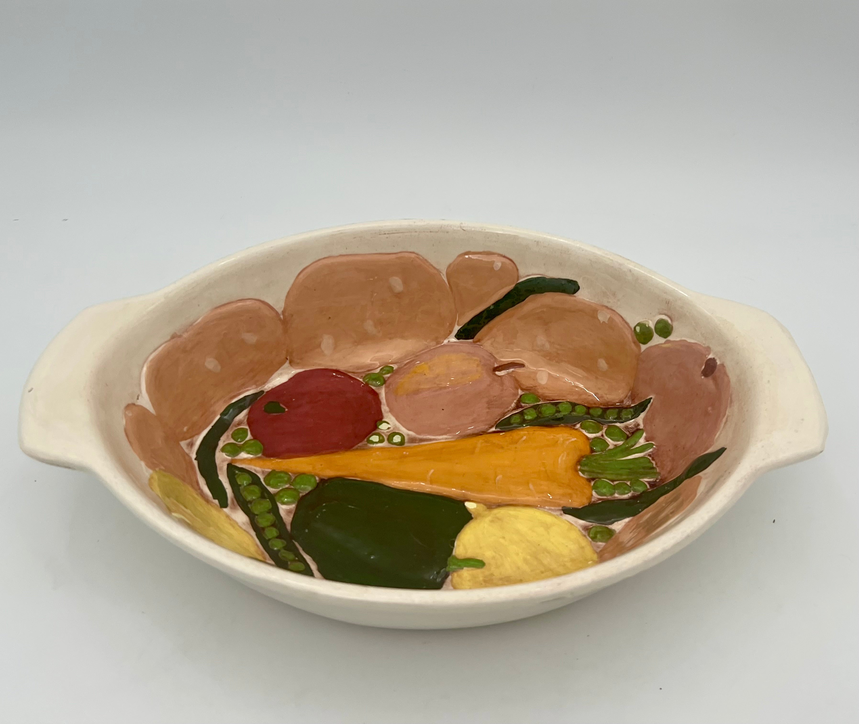 VINTAGE HAND-PAINTED VEGETABLE RELIEF CERAMIC CASSEROLE DISH – SIGNED “TH”, MID-CENTURY STUDIO POTTERY