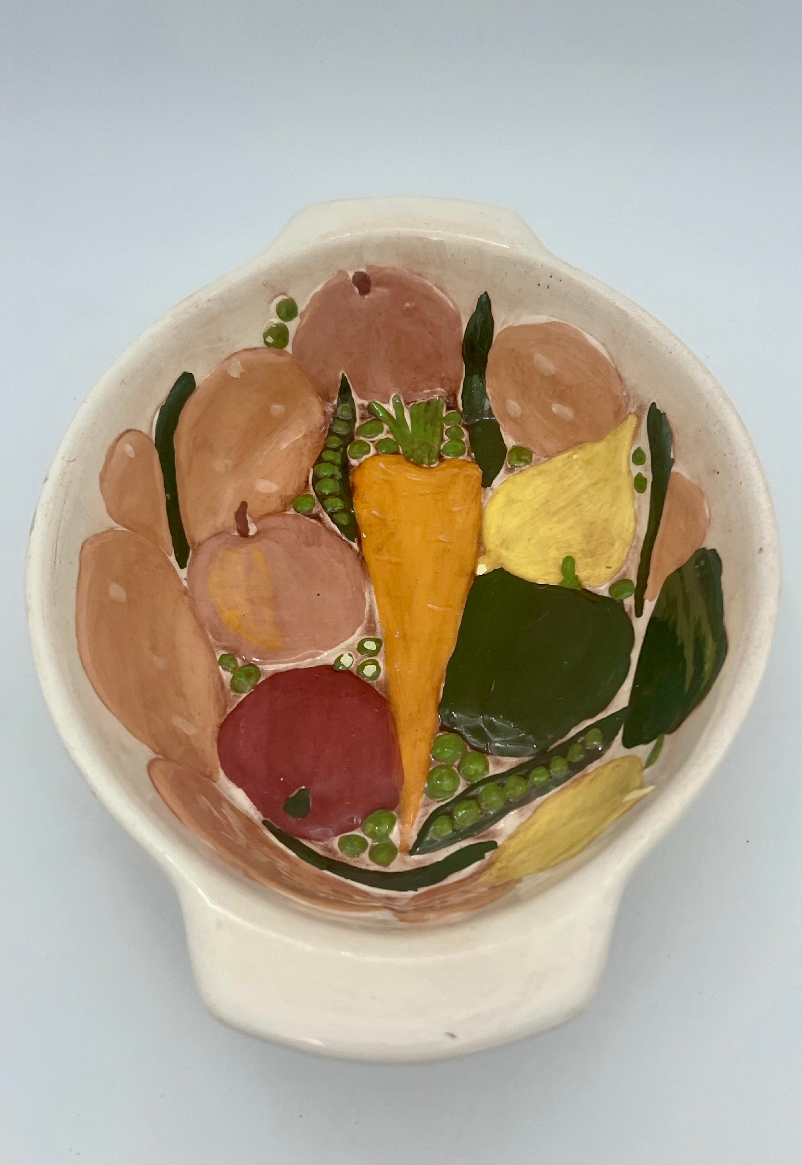 VINTAGE HAND-PAINTED VEGETABLE RELIEF CERAMIC CASSEROLE DISH – SIGNED “TH”, MID-CENTURY STUDIO POTTERY