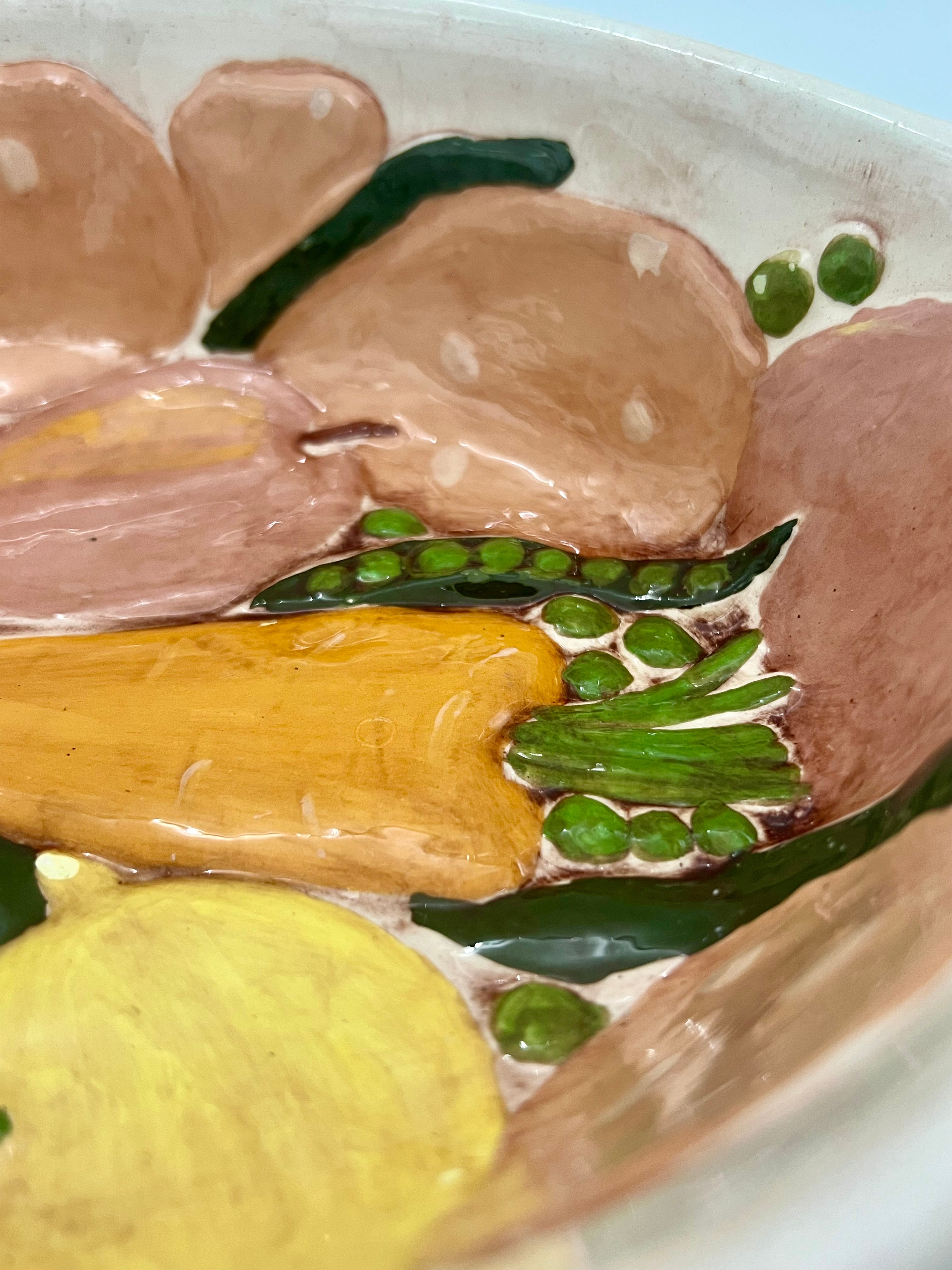 VINTAGE HAND-PAINTED VEGETABLE RELIEF CERAMIC CASSEROLE DISH – SIGNED “TH”, MID-CENTURY STUDIO POTTERY