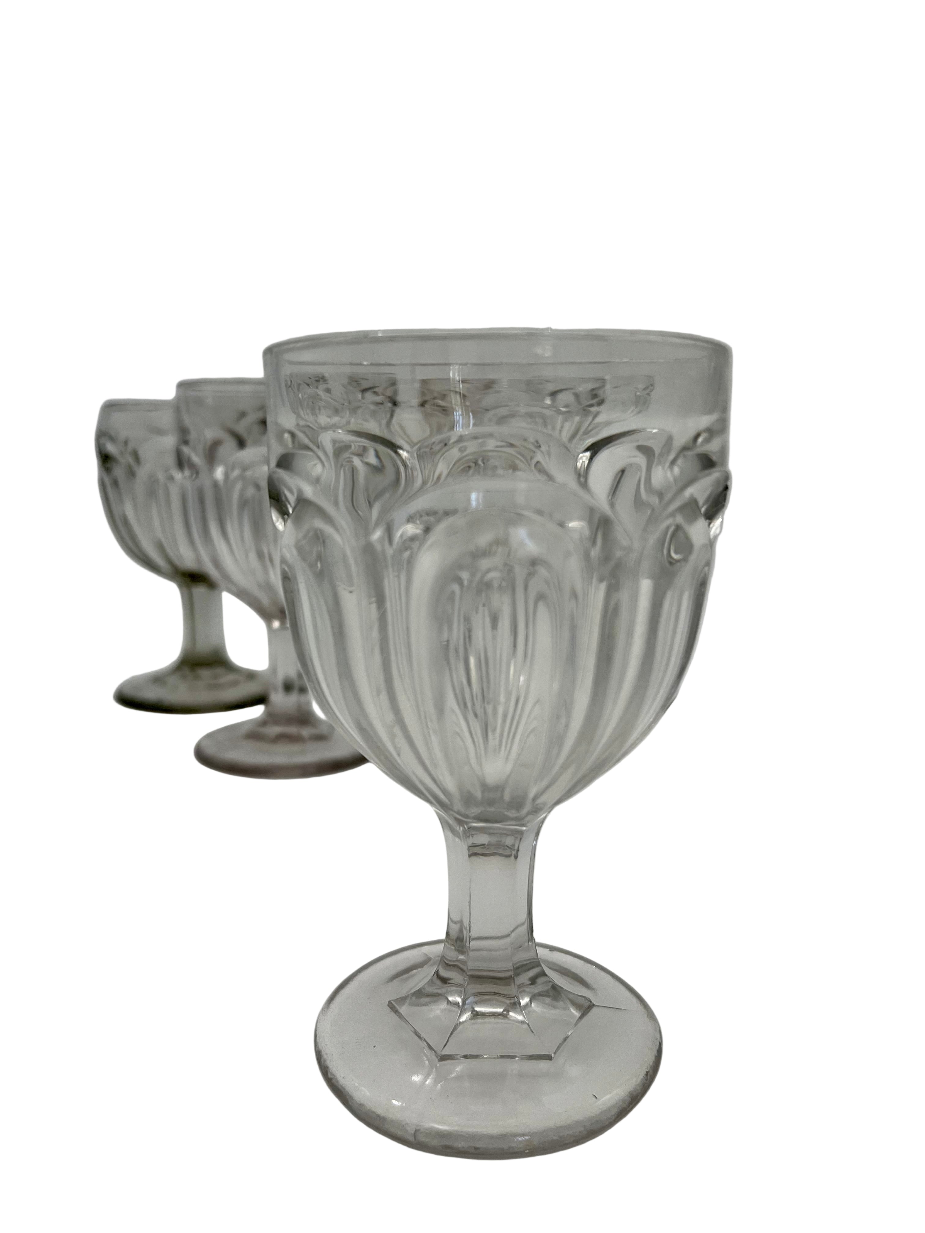 VINTAGE PRESSED GLASS FLUTED WINE GOBLETS SET OF 6 | EUROPEAN BISTRO STEMWARE | CLEAR GLASS TABLEWARE