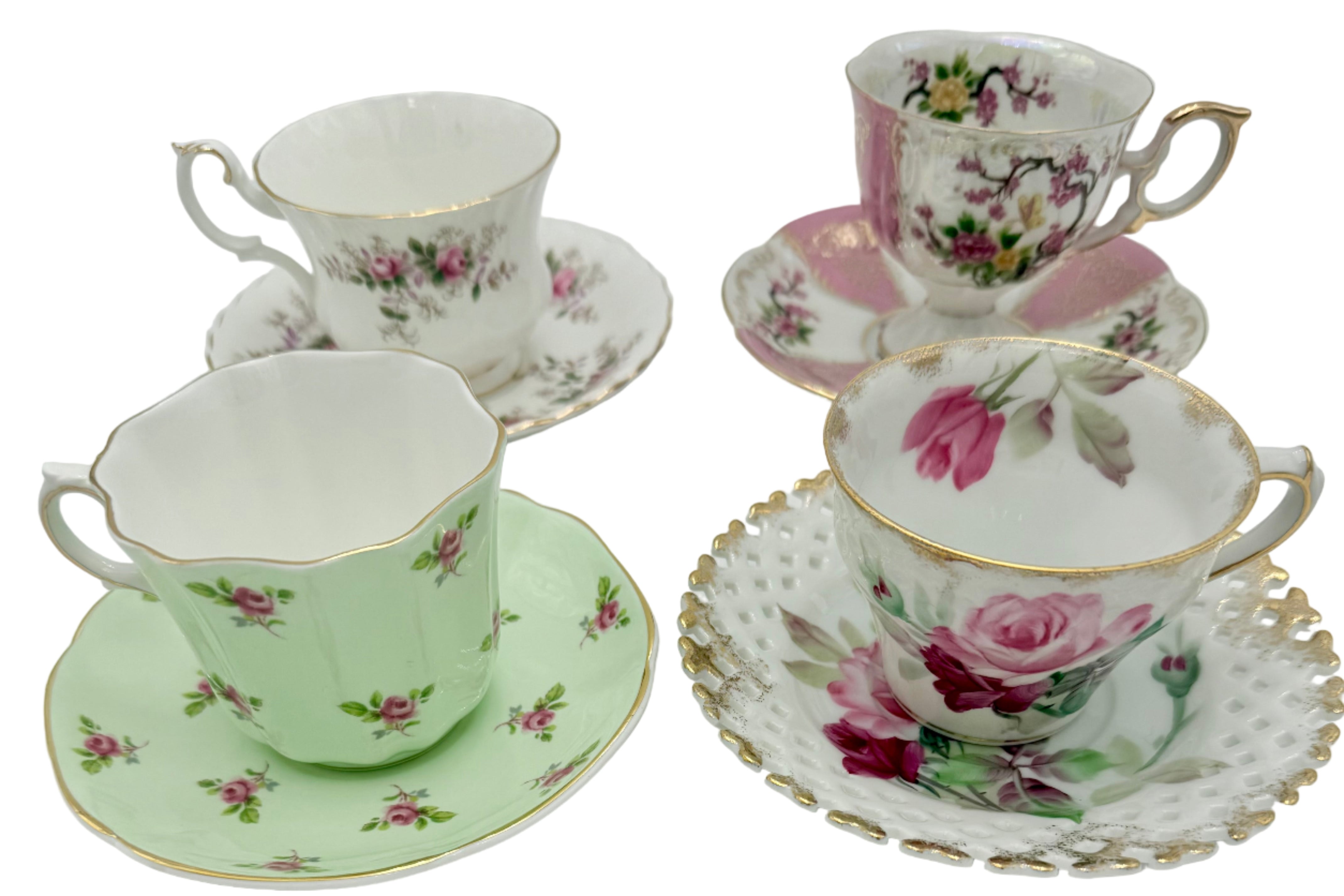 VINTAGE ECLECTIC WHIMSY CURATED TEACUP & SAUCER SET — LEFTON • ROYAL HALSEY • ROYAL GRAFTON • ROYAL ALBERT