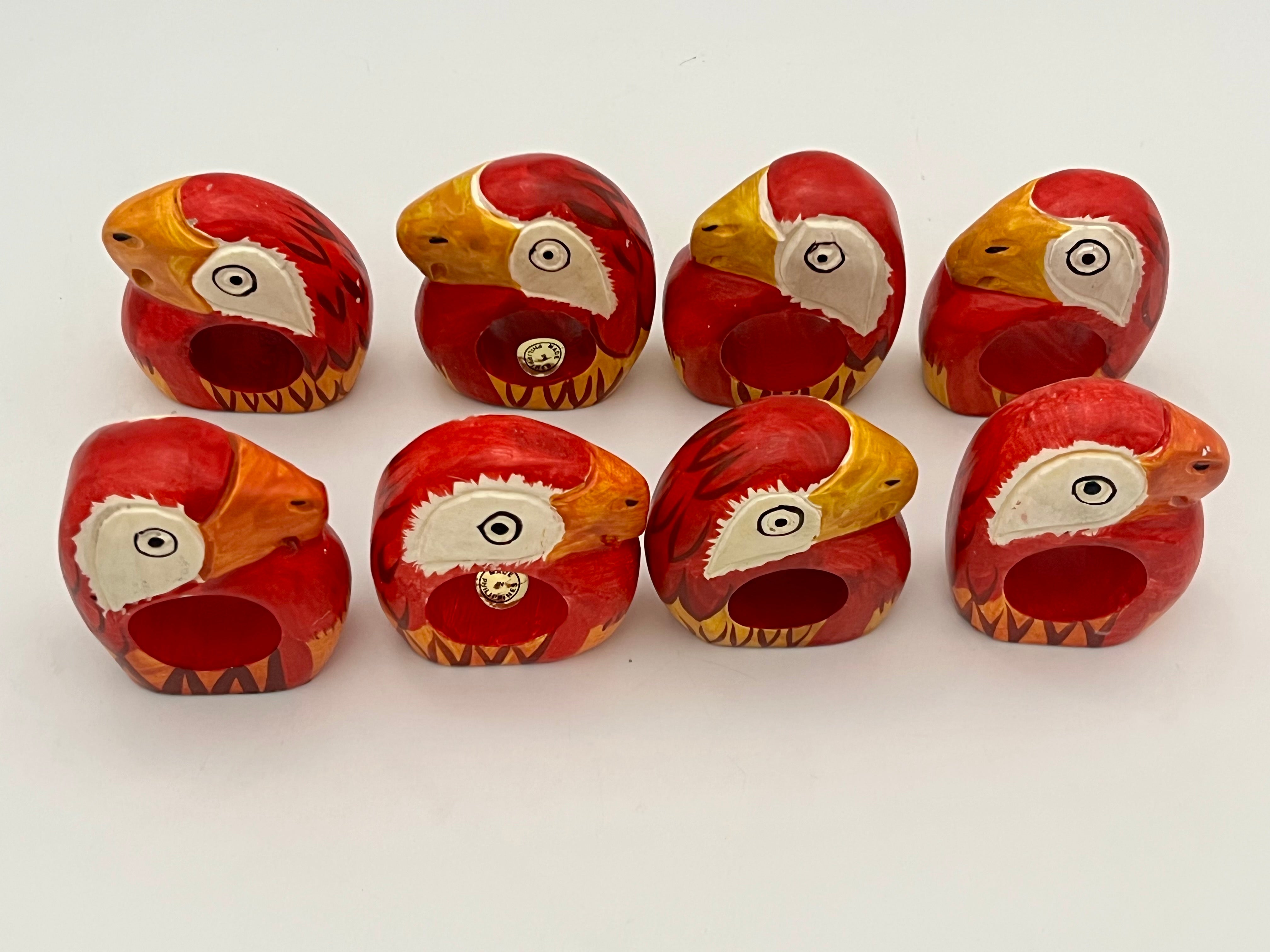 VINTAGE HAND CARVED PARROT NAPKIN RINGS SET OF 8 — MADE IN THE PHILIPPINES — 1970s–1990s FOLK ART WOODEN TABLEWARE