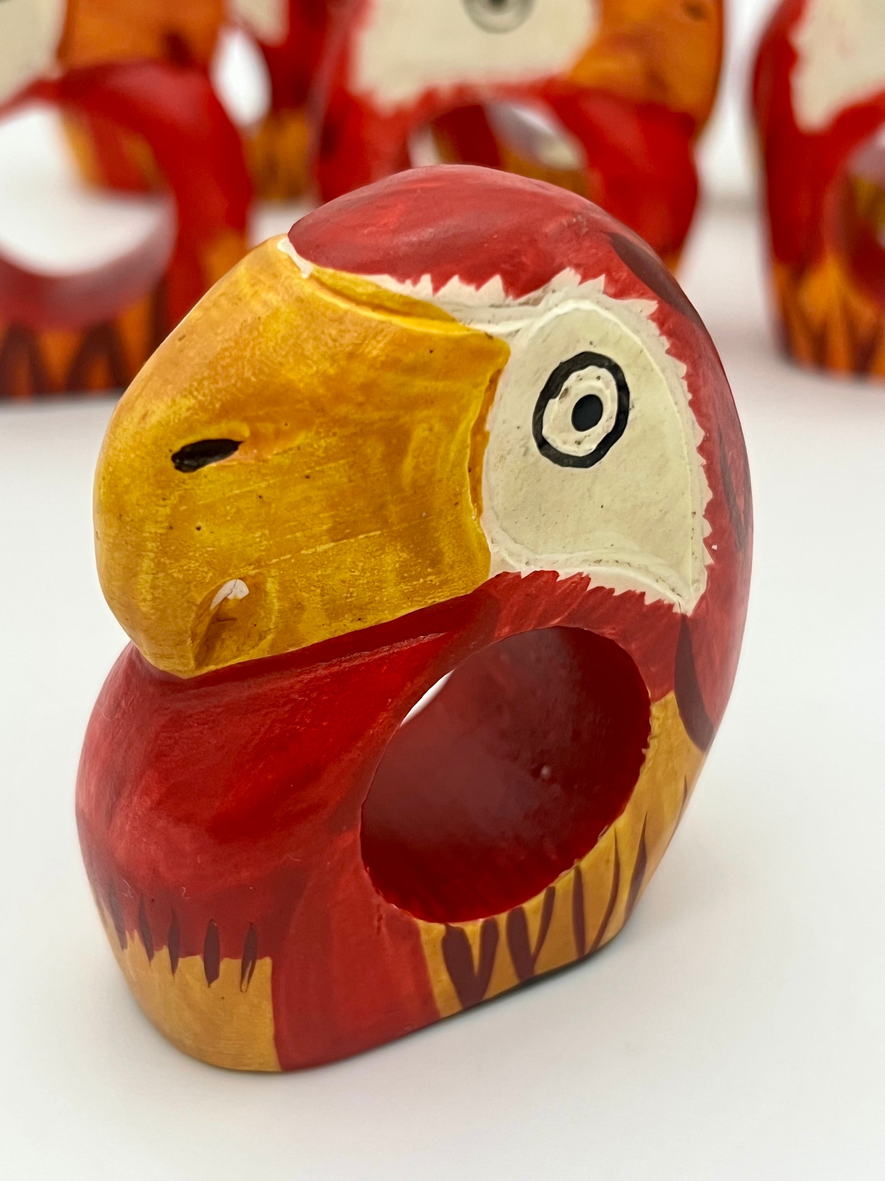 VINTAGE HAND CARVED PARROT NAPKIN RINGS SET OF 8 — MADE IN THE PHILIPPINES — 1970s–1990s FOLK ART WOODEN TABLEWARE