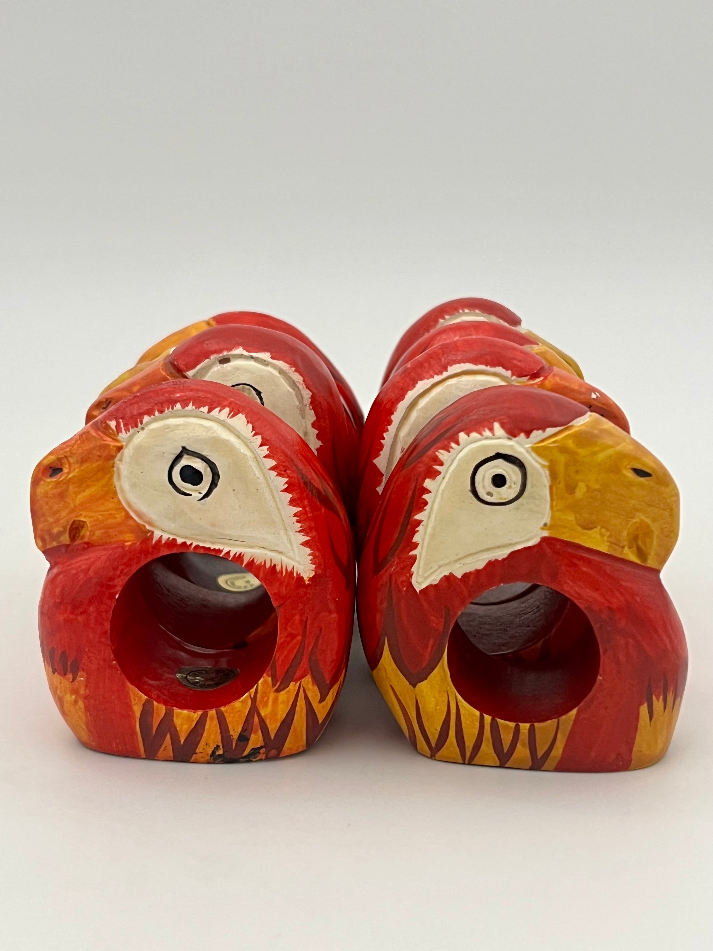 VINTAGE HAND CARVED PARROT NAPKIN RINGS SET OF 8 — MADE IN THE PHILIPPINES — 1970s–1990s FOLK ART WOODEN TABLEWARE