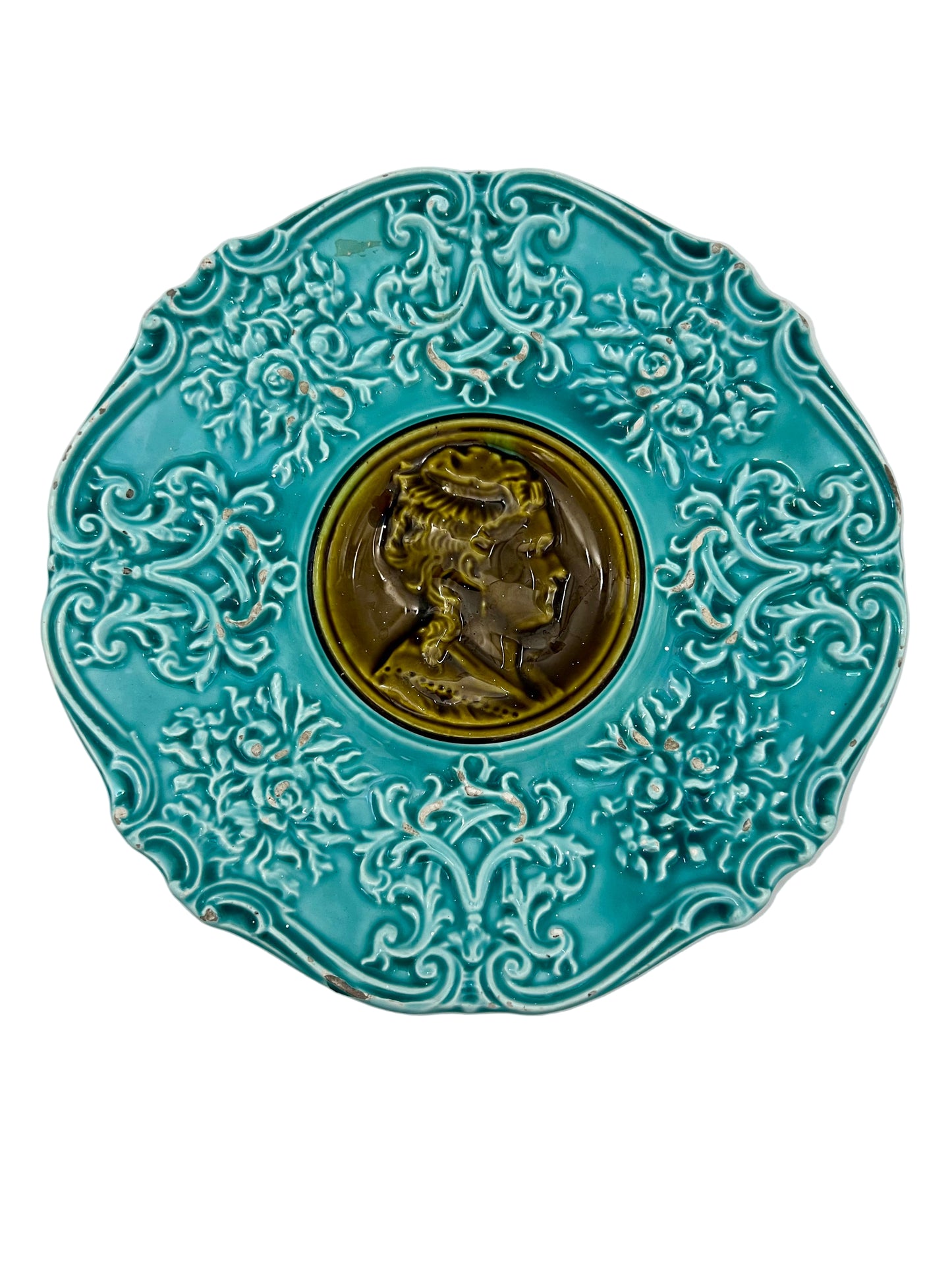 19TH CENTURY VILLEROY & BOCH TURQUOISE MAJOLICA WALL PLATE WITH CLASSICAL PORTRAIT MEDALLION AND ORNATE RELIEF