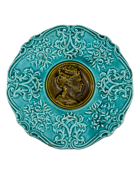 19TH CENTURY VILLEROY & BOCH TURQUOISE MAJOLICA WALL PLATE WITH CLASSICAL PORTRAIT MEDALLION AND ORNATE RELIEF
