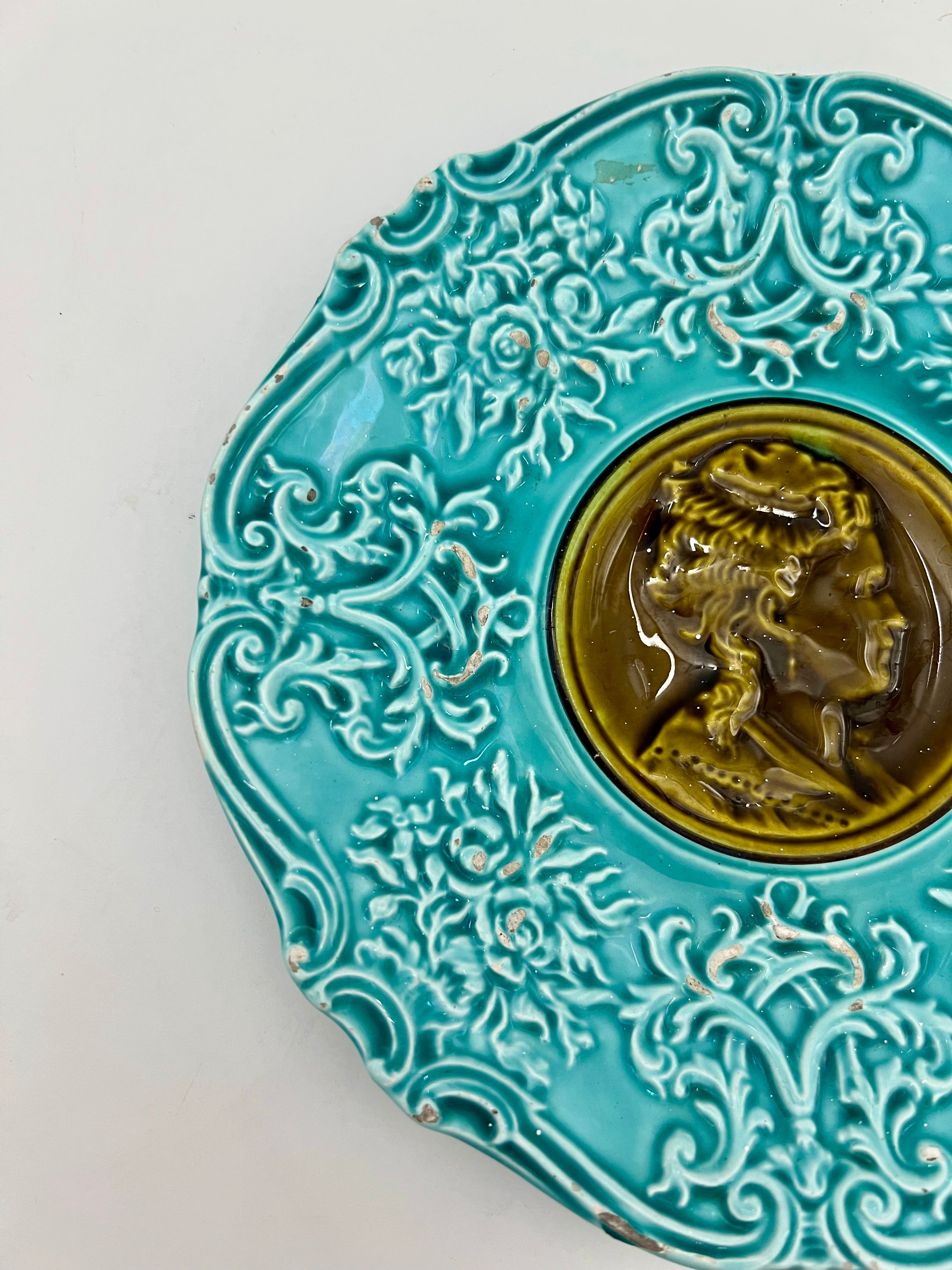 19TH CENTURY VILLEROY & BOCH TURQUOISE MAJOLICA WALL PLATE WITH CLASSICAL PORTRAIT MEDALLION AND ORNATE RELIEF