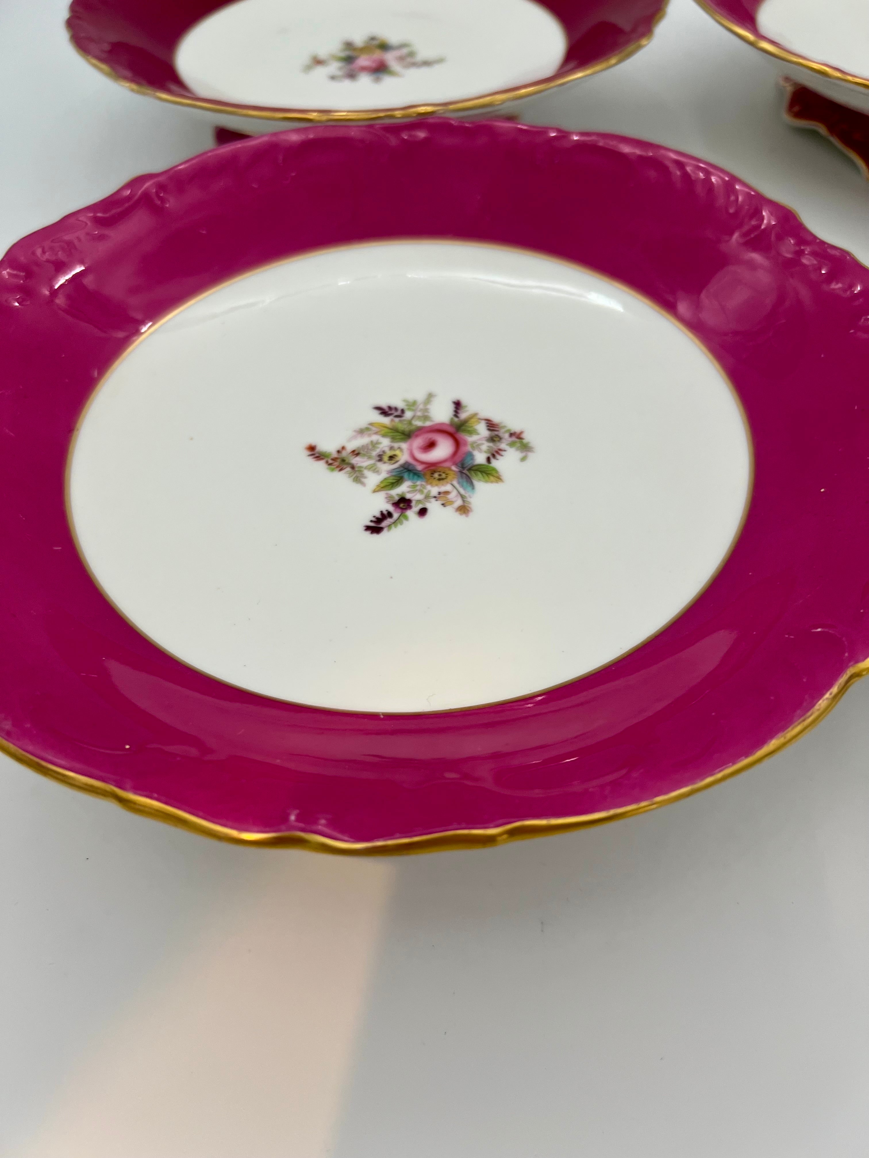 VINTAGE ENGLISH BONE CHINA FUCHSIA FLORAL PEDESTAL PLATES (SET OF 4)