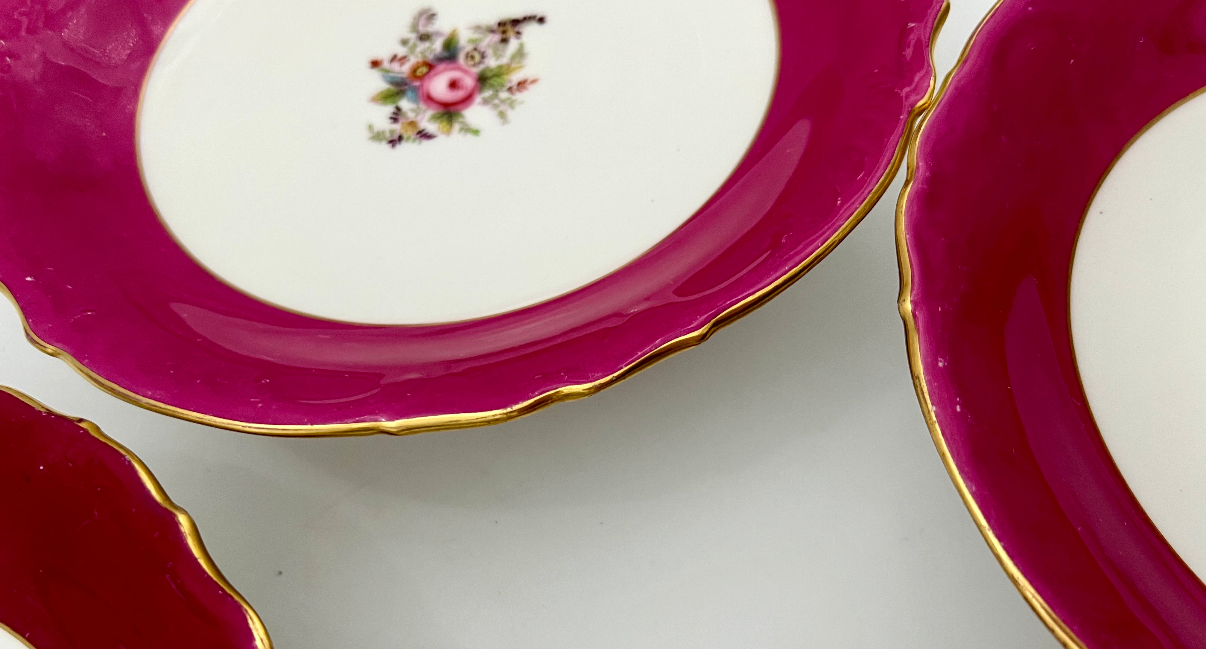 VINTAGE ENGLISH BONE CHINA FUCHSIA FLORAL PEDESTAL PLATES (SET OF 4)