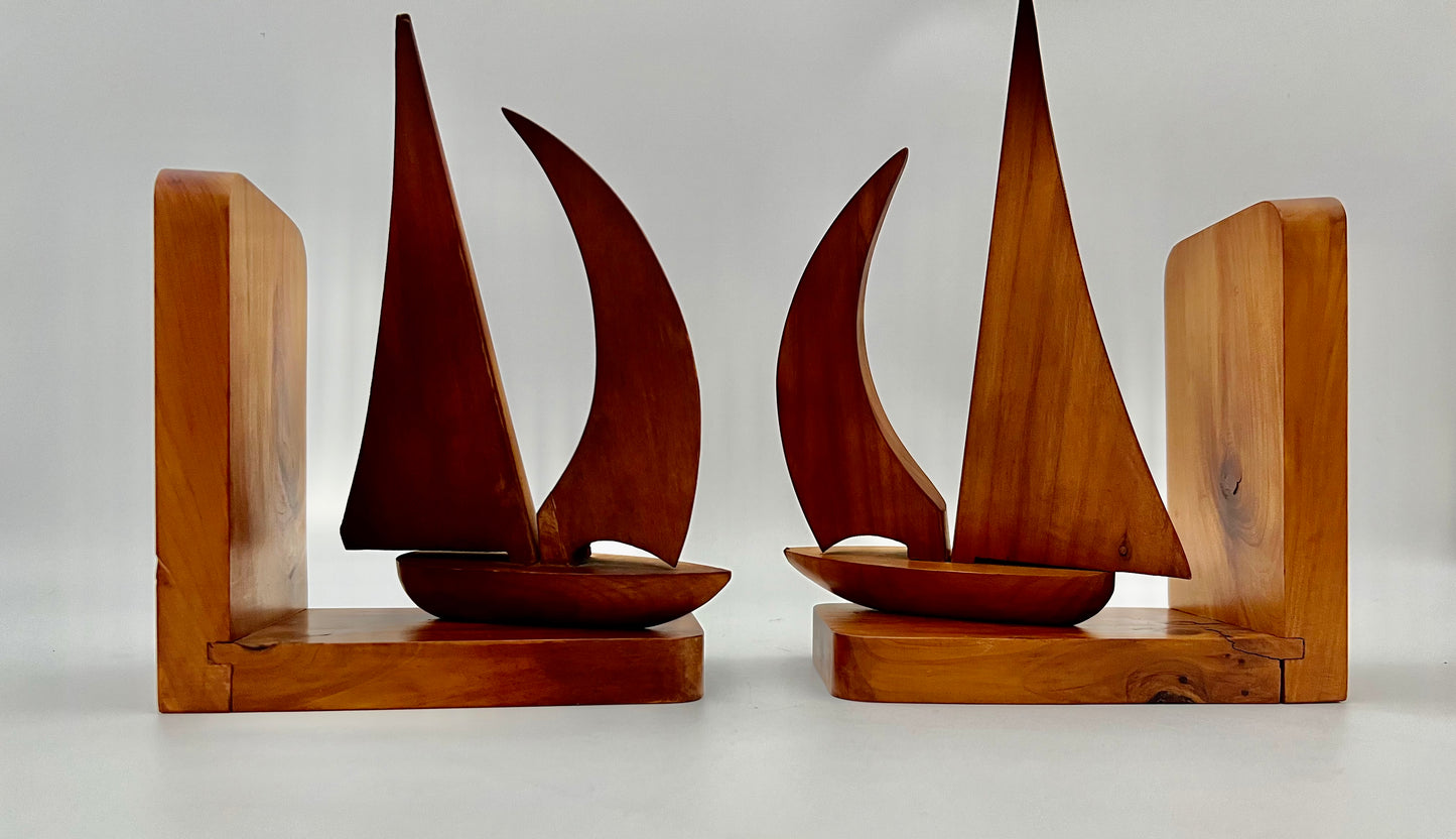 PAIR OF TEAK MIDCENTURY SWIVELING SAILBOAT BOOK ENDS, CIRCA 1965