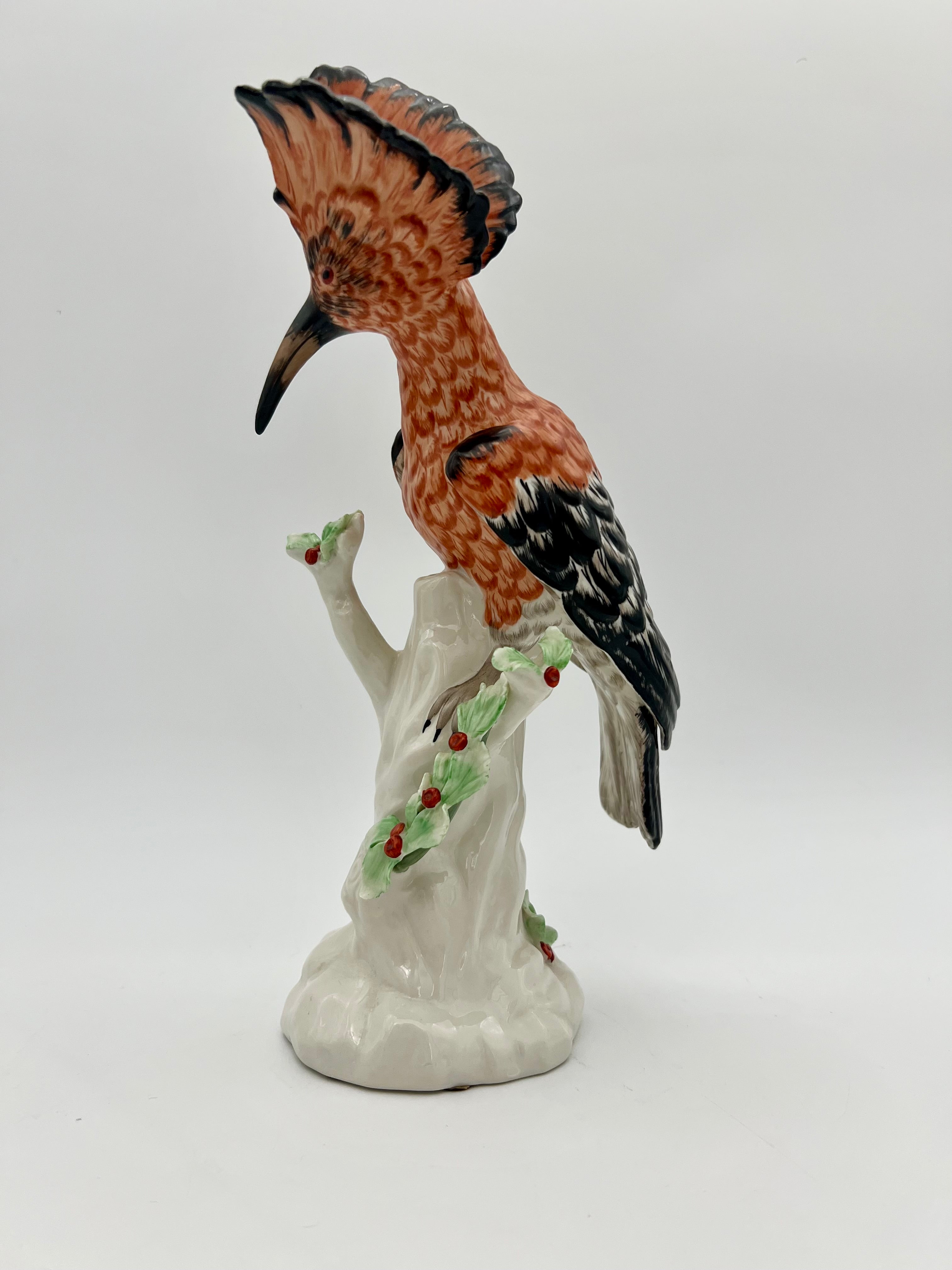 German Dresden-Style Hoopoe Bird Porcelain Figurine, Exotic Bird on Stump, 12” Tall