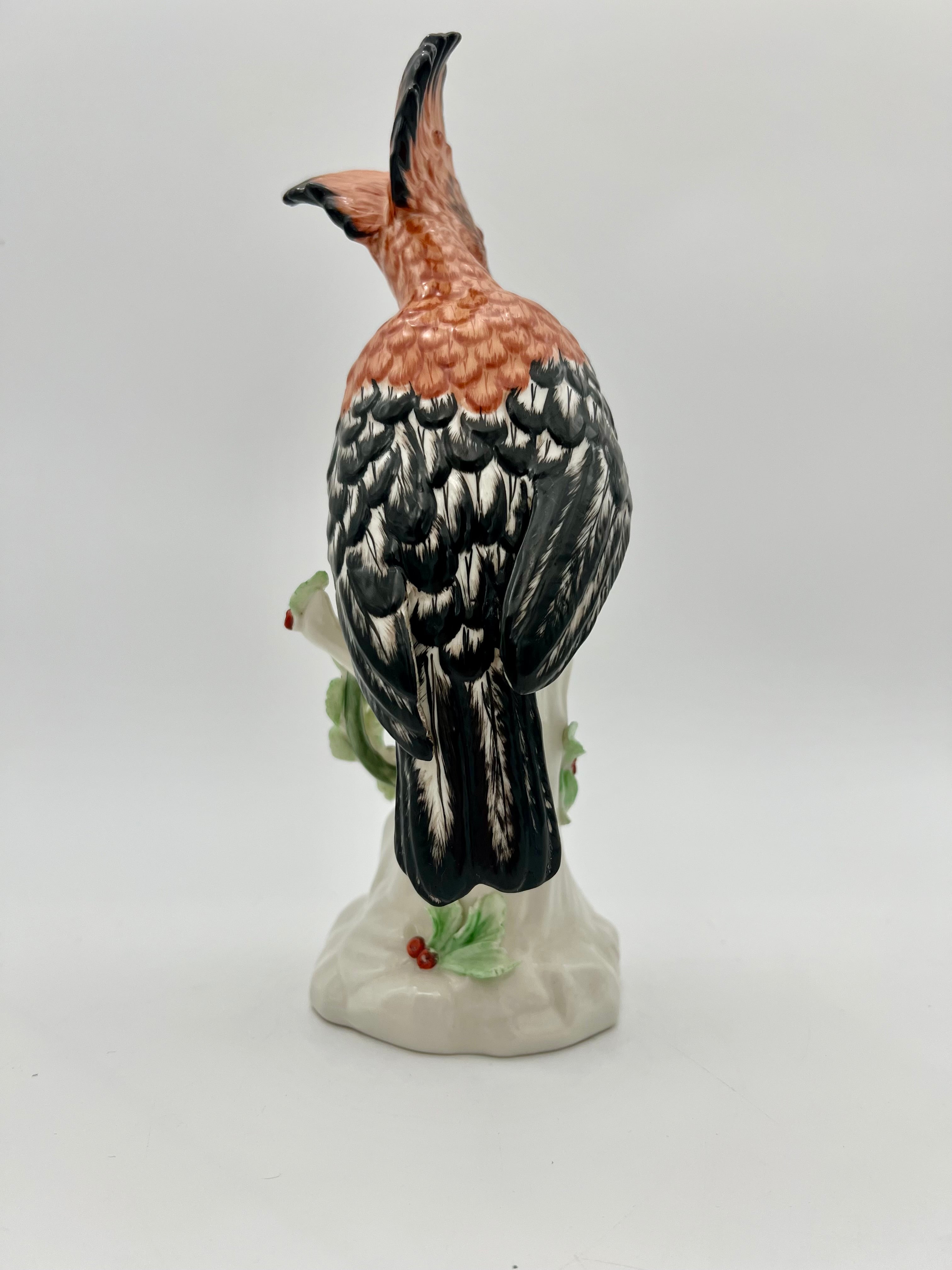 German Dresden-Style Hoopoe Bird Porcelain Figurine, Exotic Bird on Stump, 12” Tall