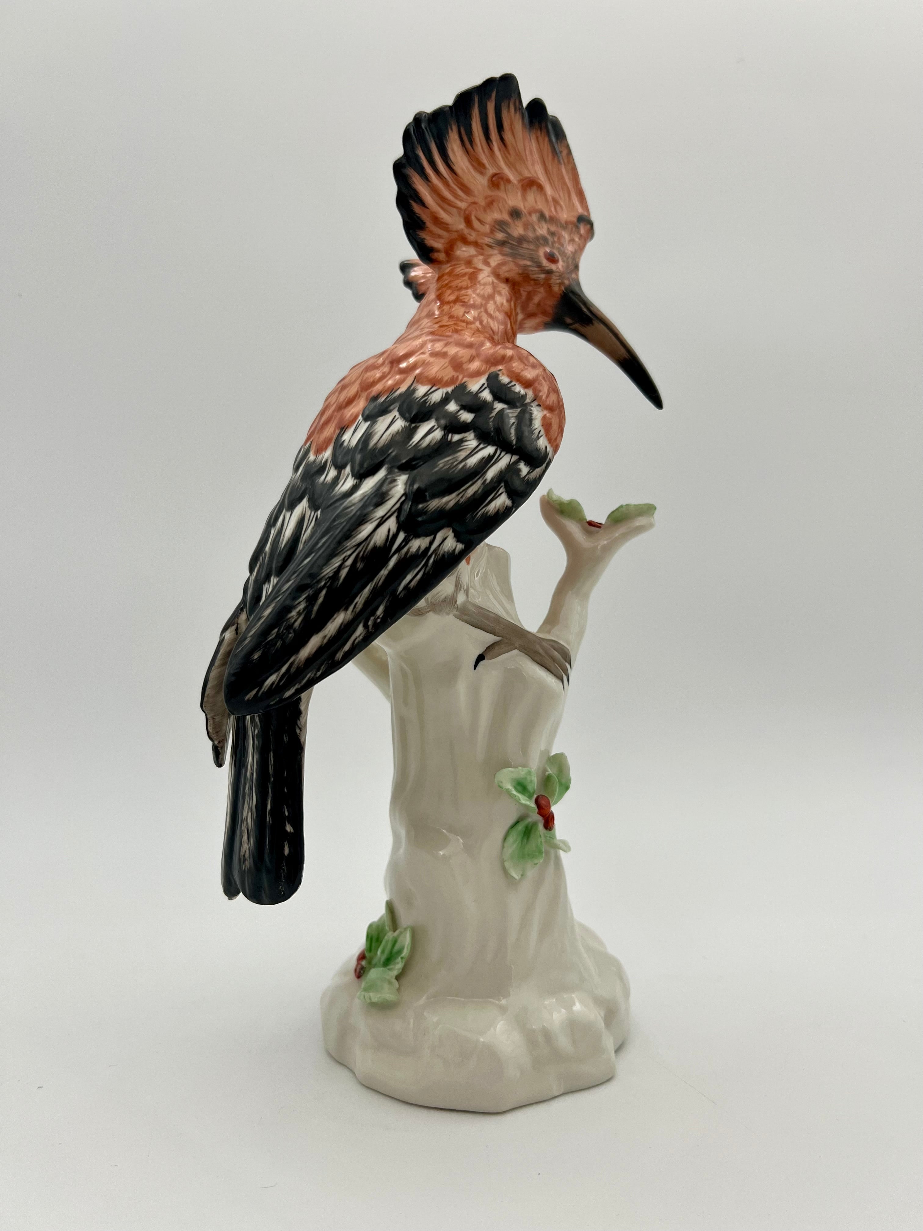 German Dresden-Style Hoopoe Bird Porcelain Figurine, Exotic Bird on Stump, 12” Tall