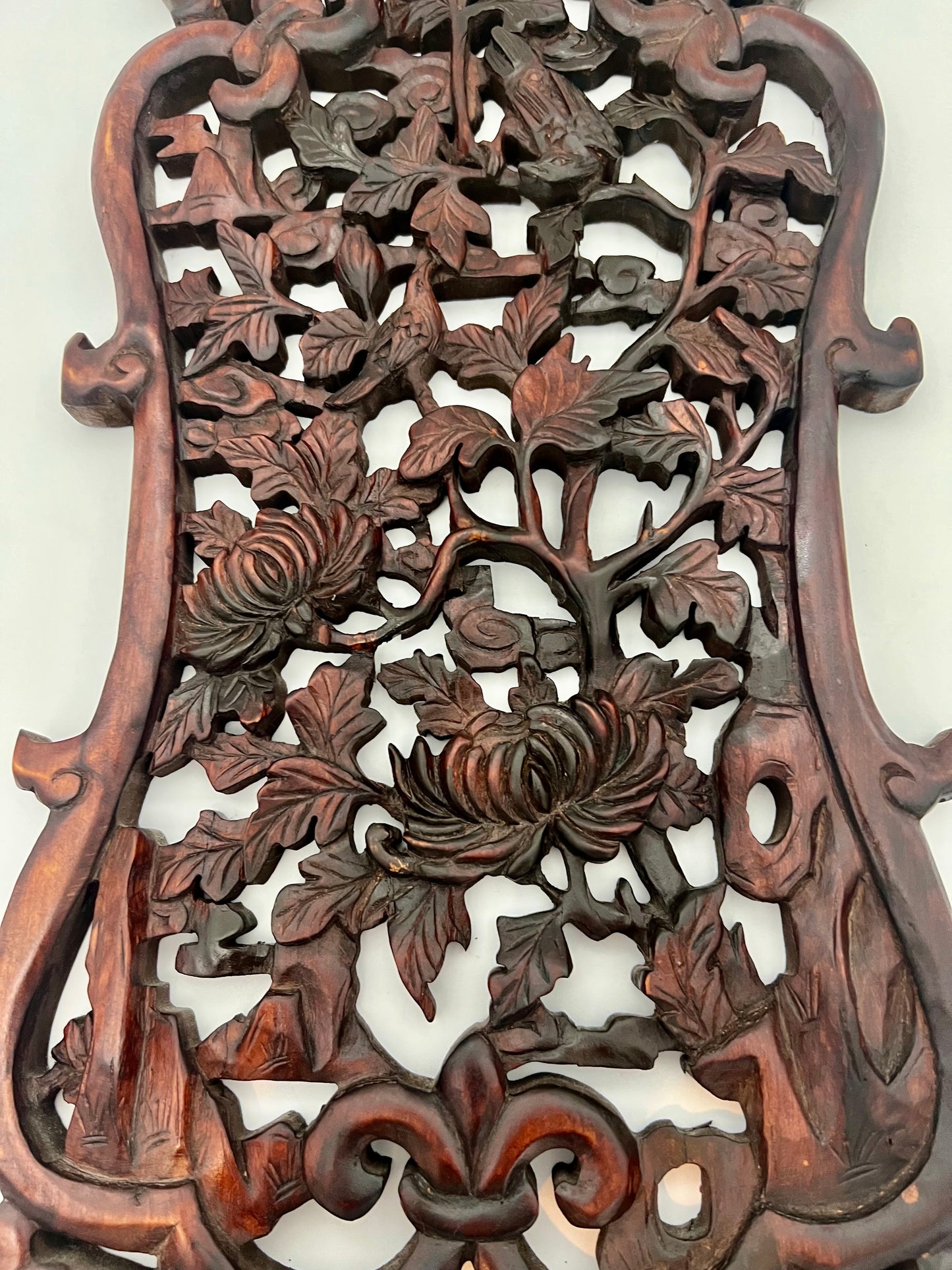 Antique Chinese Hand-Carved Hardwood Panel – Birds, Chrysanthemums & Foliage (24”)