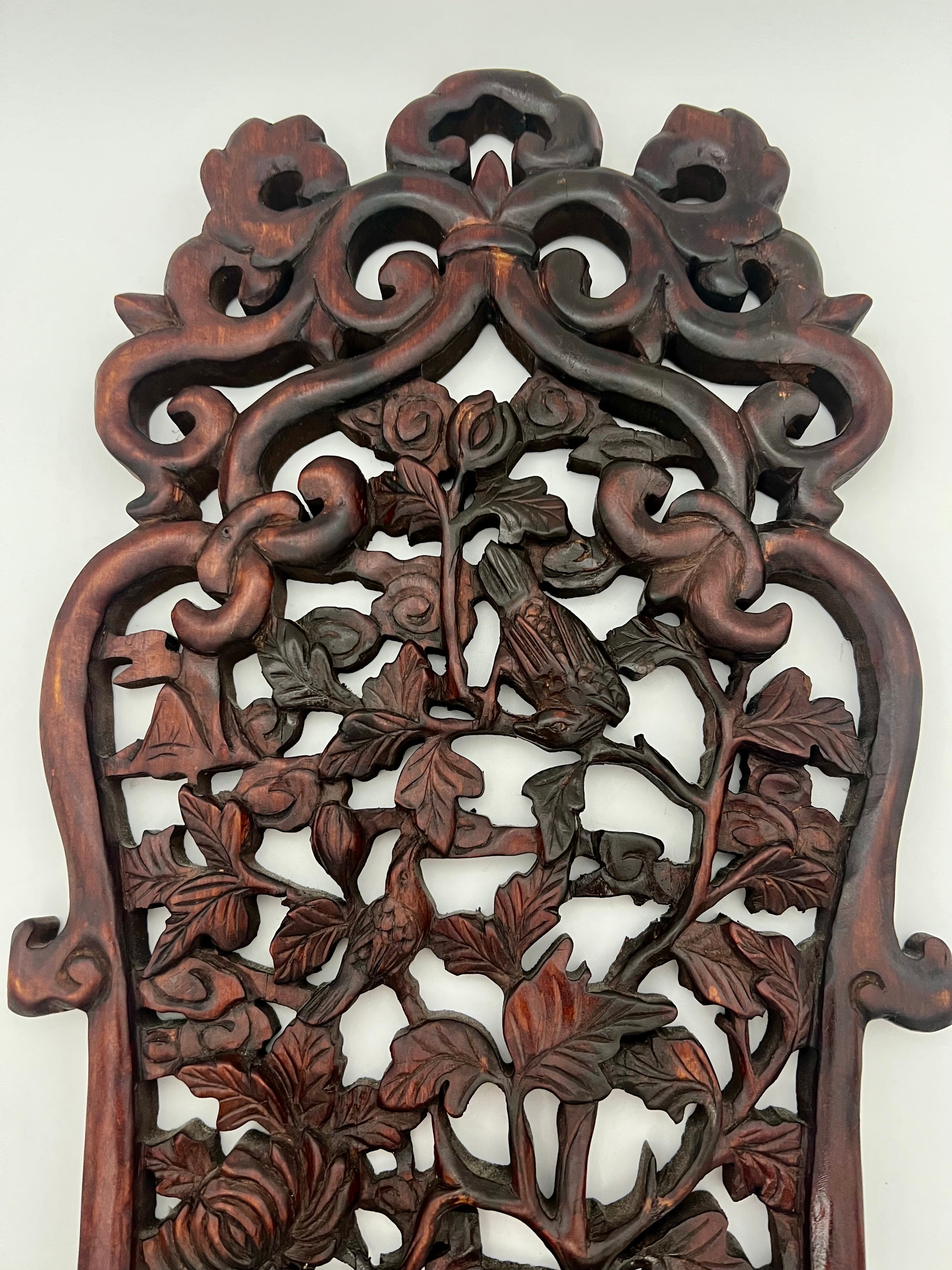 Antique Chinese Hand-Carved Hardwood Panel – Birds, Chrysanthemums & Foliage (24”)