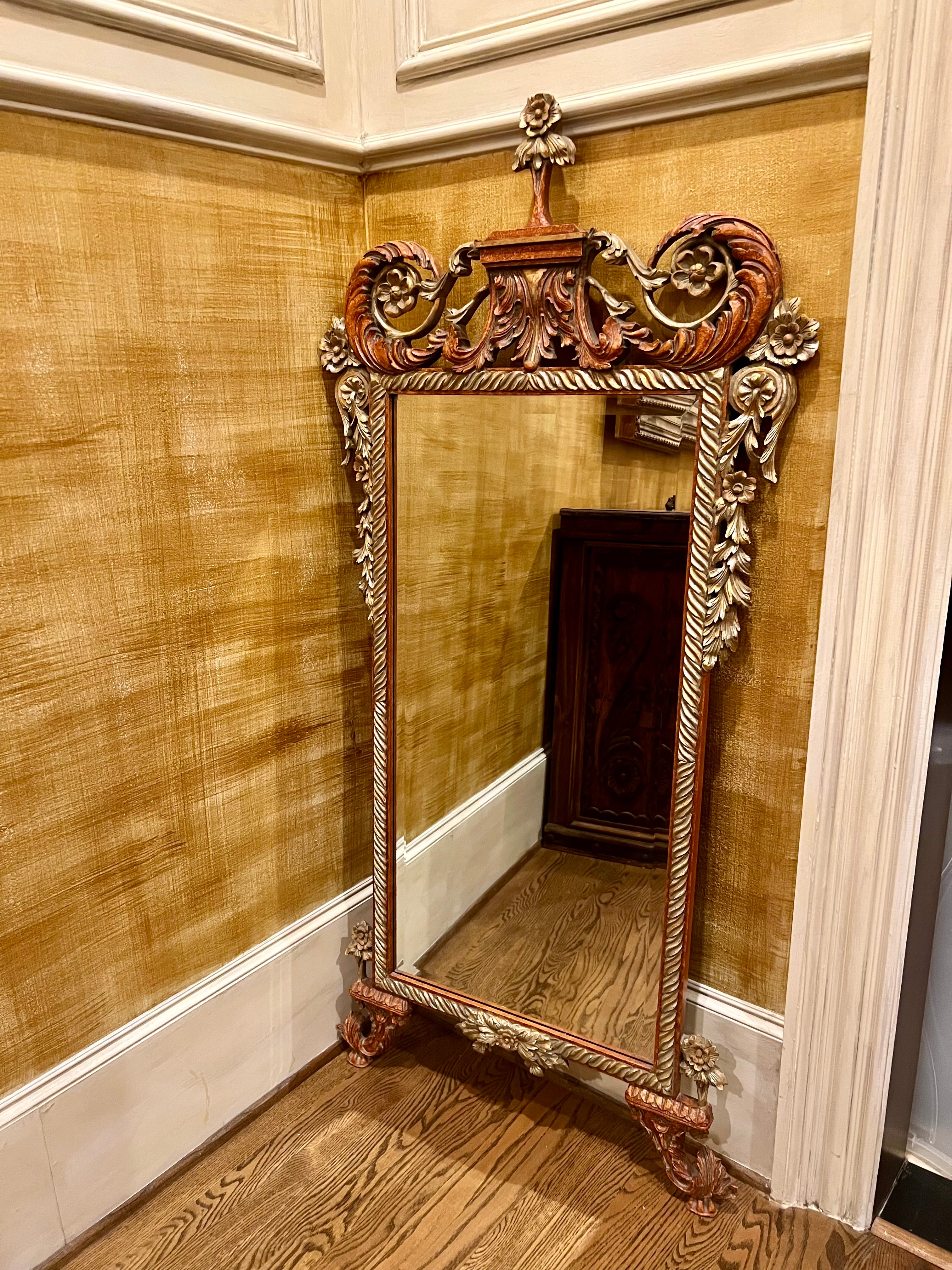 ANTIQUE FLORENTINE CARVED WOOD & GILT MIRROR – ITALIAN ROCOCO REVIVAL – CIRCA 1880–1910 – ORNATE FULL LENGTH 62 INCH