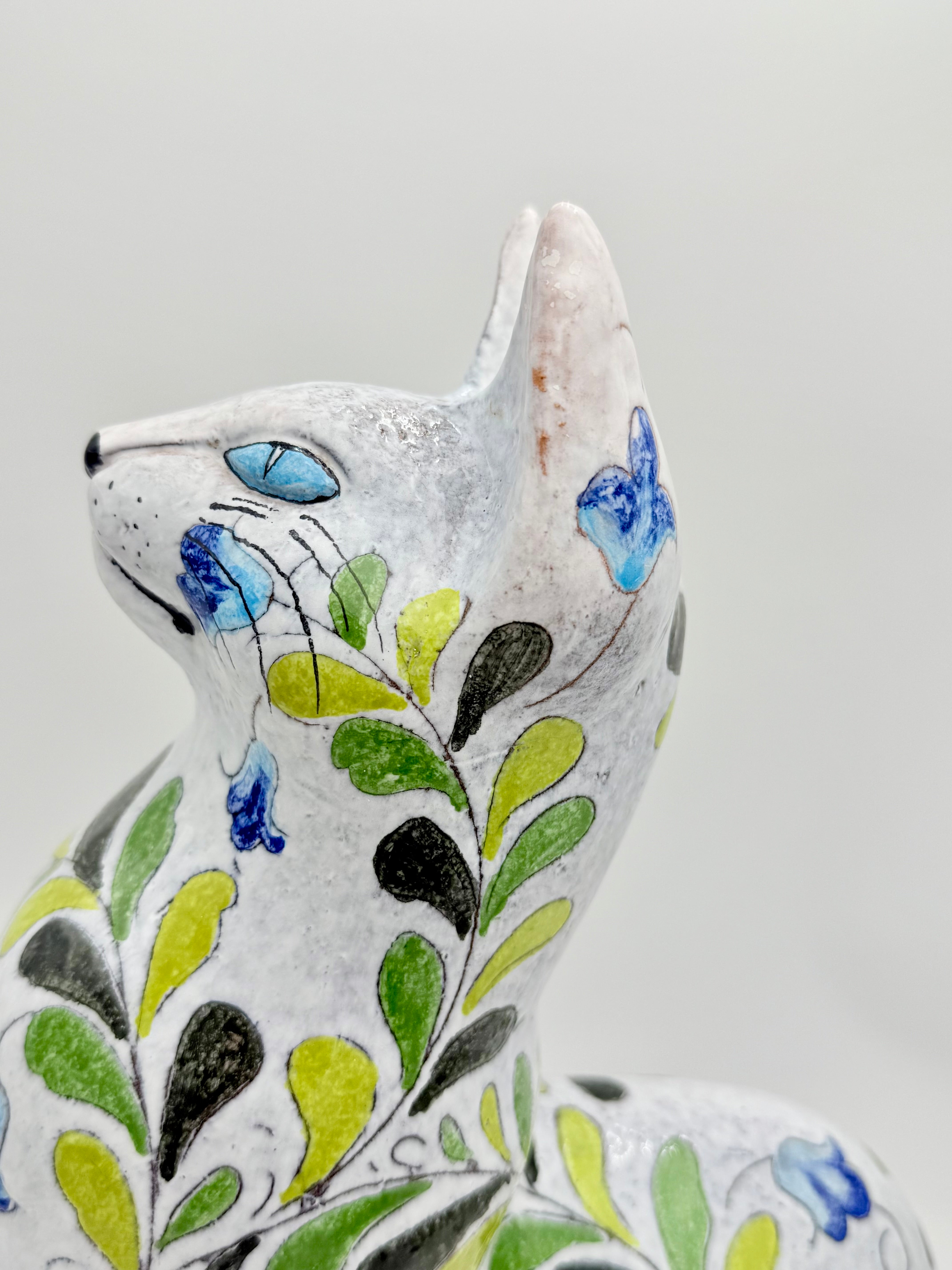 LARGE HAND PAINTED ITALIAN TERRA COTTA CAT SCULPTURE MADE IN ITALY 18"