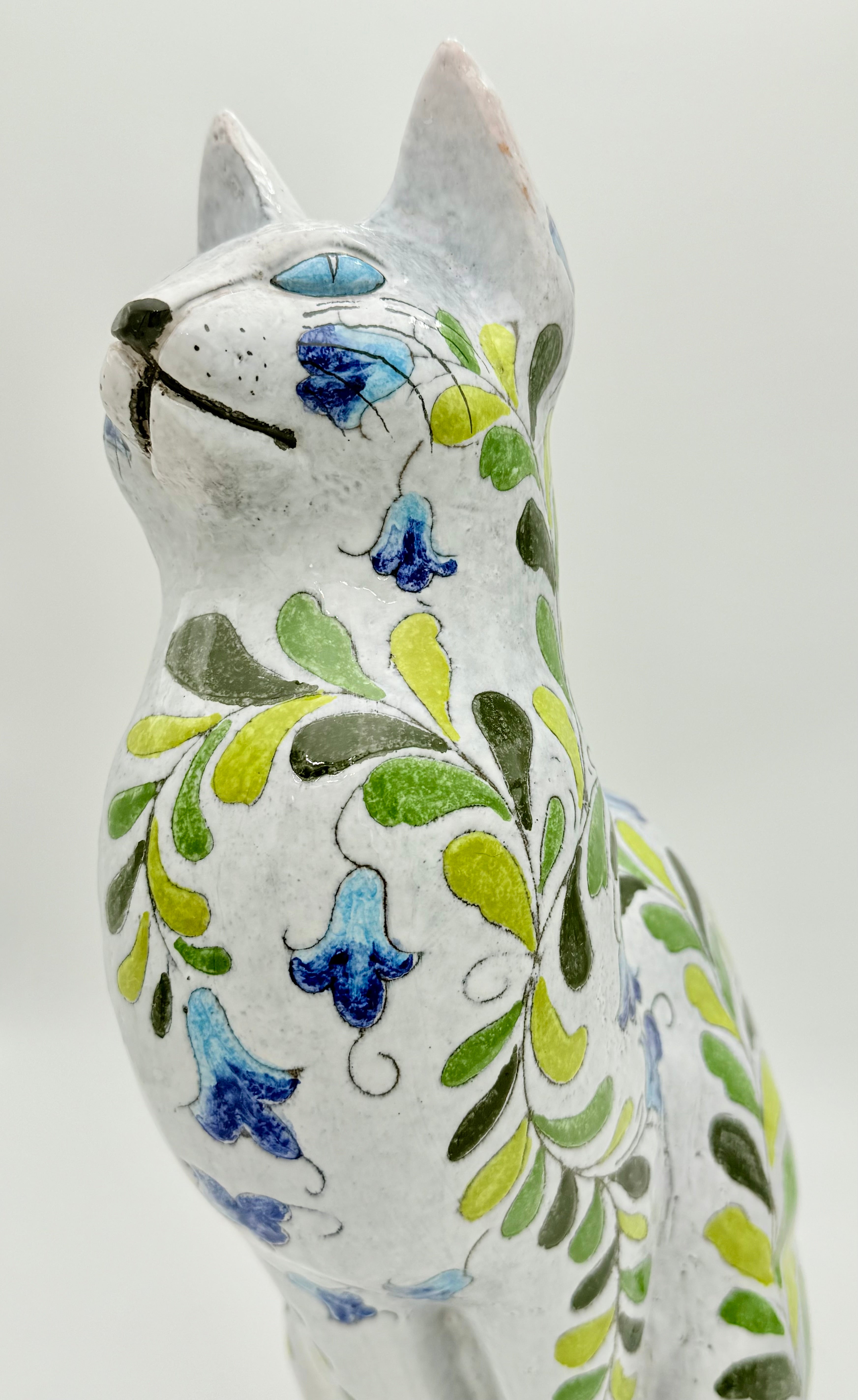 LARGE HAND PAINTED ITALIAN TERRA COTTA CAT SCULPTURE MADE IN ITALY 18"