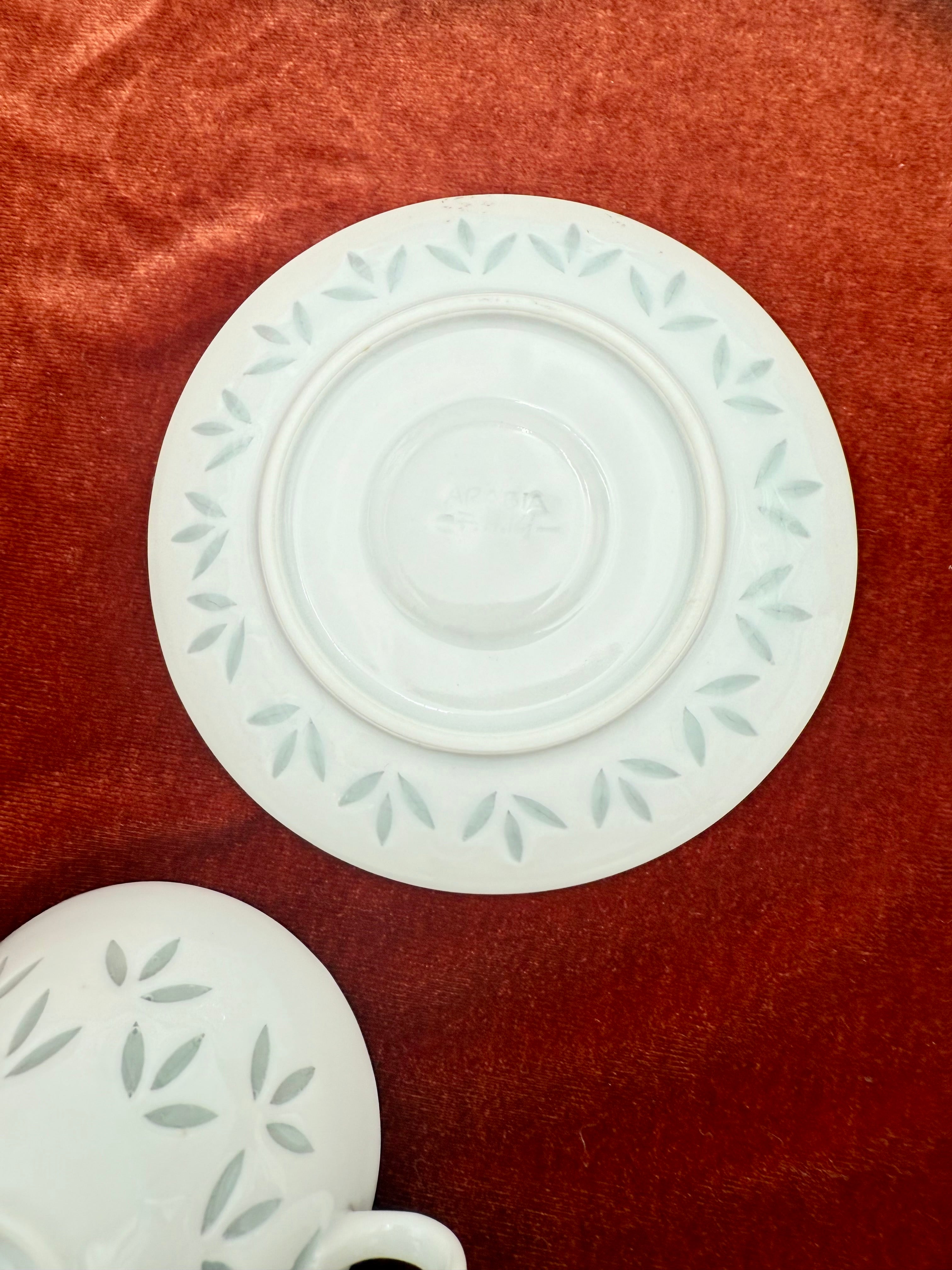 ARABIA FINLAND TEA CUPS & SAUCERS – SET OF 6 – FRIEDL HOLZER-KJELLBERG DESIGN – MID-CENTURY SCANDINAVIAN LEAF PATTERN