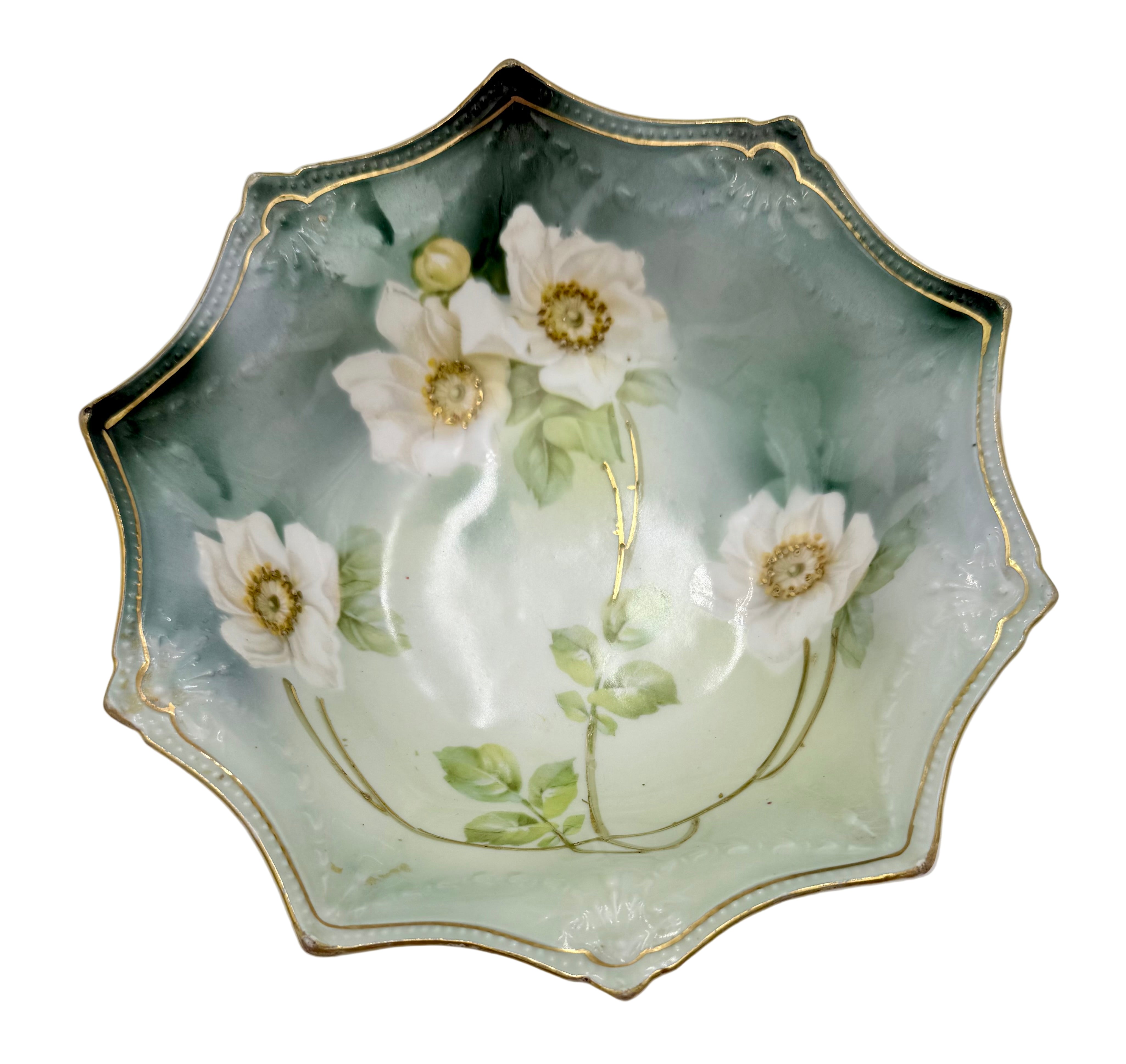 ANTIQUE R.S. GERMANY HAND PAINTED FOOTED BOWL – FLORAL WREATH DESIGN, GOLD TRIM, CIRCA 1905