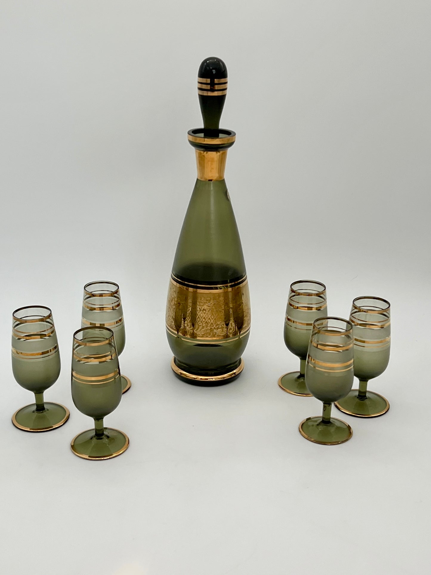 1950s CZECH ASH GREEN AND GOLD ORIGINAL TAG BOHEMIAN WINE DECANTER SET