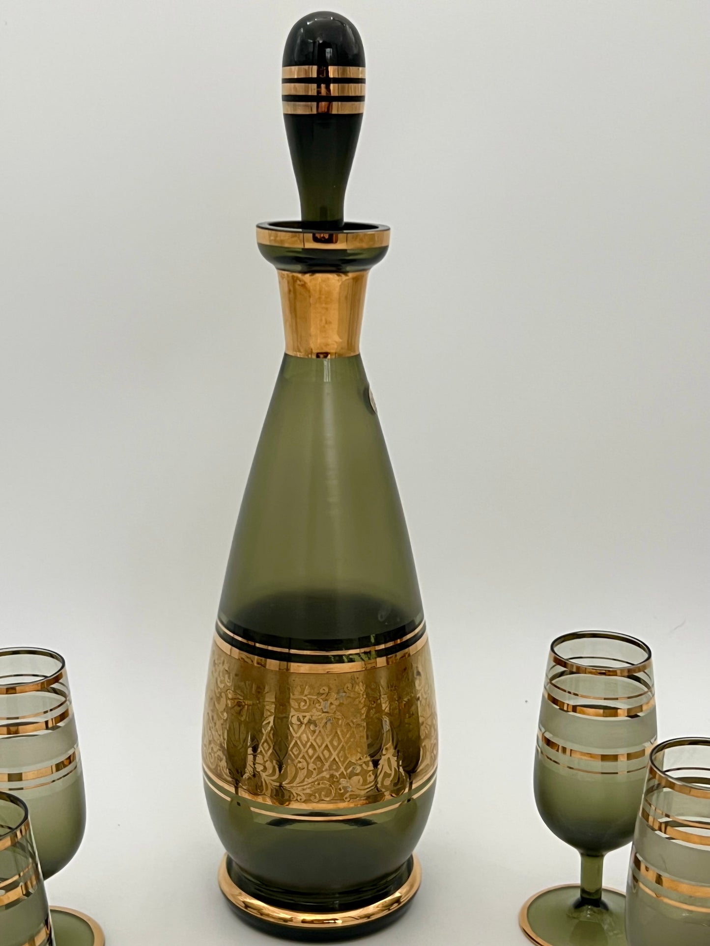 1950s CZECH ASH GREEN AND GOLD ORIGINAL TAG BOHEMIAN WINE DECANTER SET
