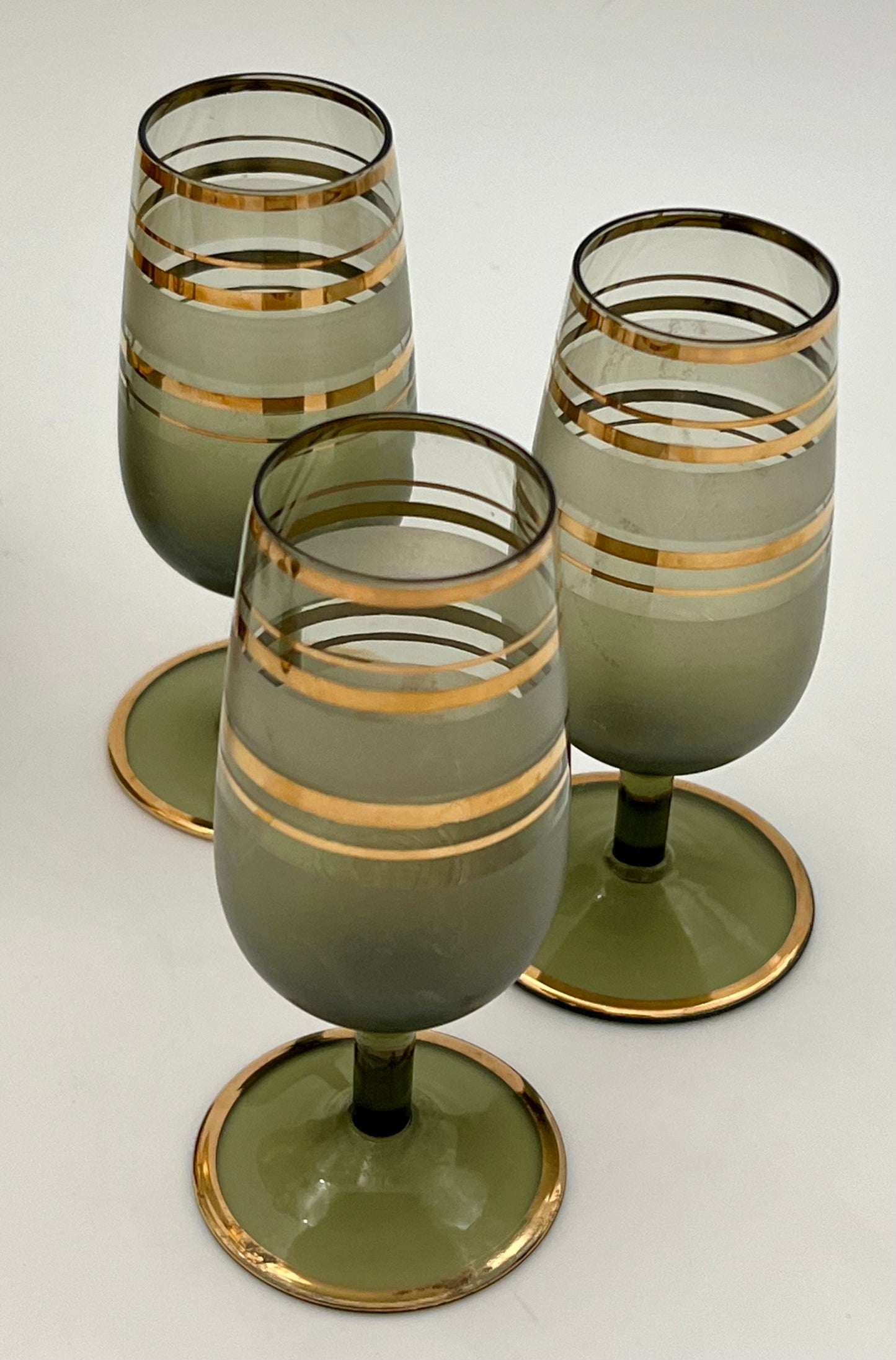 1950s CZECH ASH GREEN AND GOLD ORIGINAL TAG BOHEMIAN WINE DECANTER SET