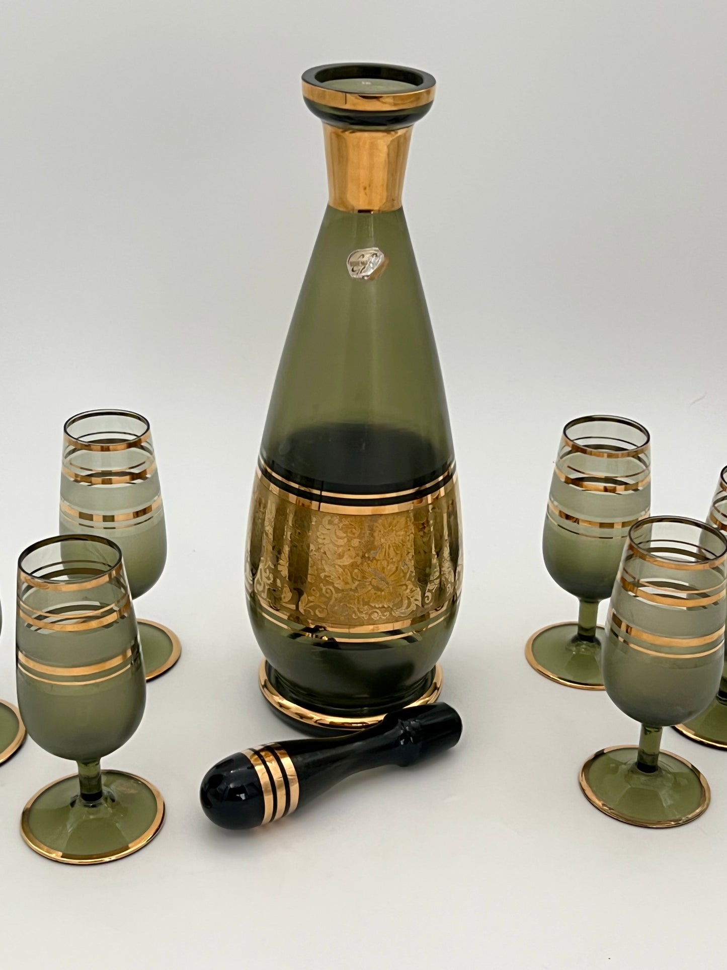 1950s CZECH ASH GREEN AND GOLD ORIGINAL TAG BOHEMIAN WINE DECANTER SET
