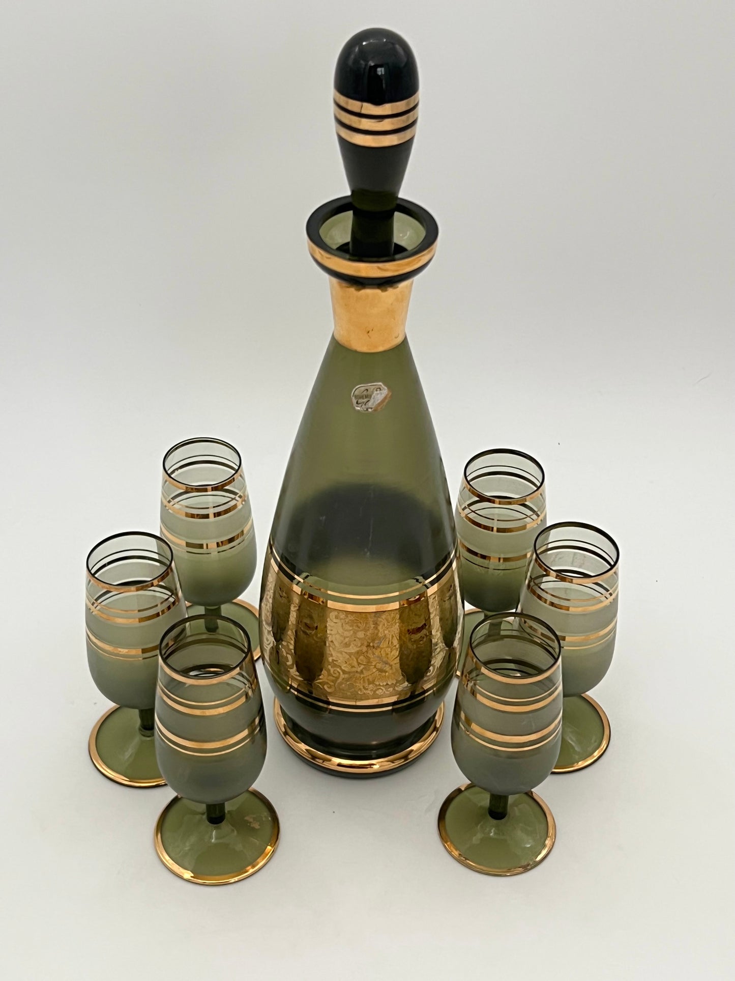 1950s CZECH ASH GREEN AND GOLD ORIGINAL TAG BOHEMIAN WINE DECANTER SET